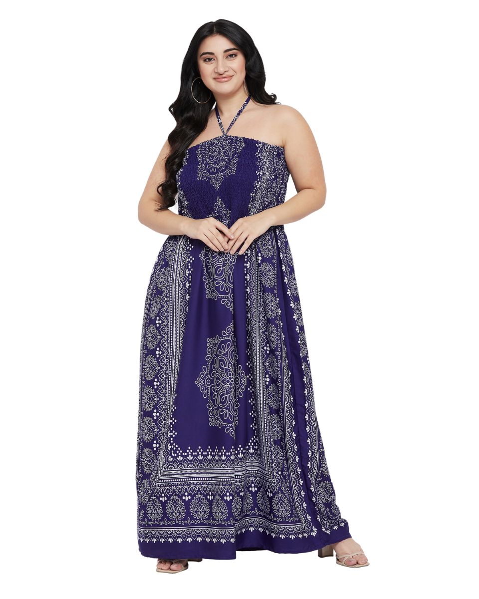 Navy Blue Floral Polyester Women Plus Size Tube Dress For Beach Party