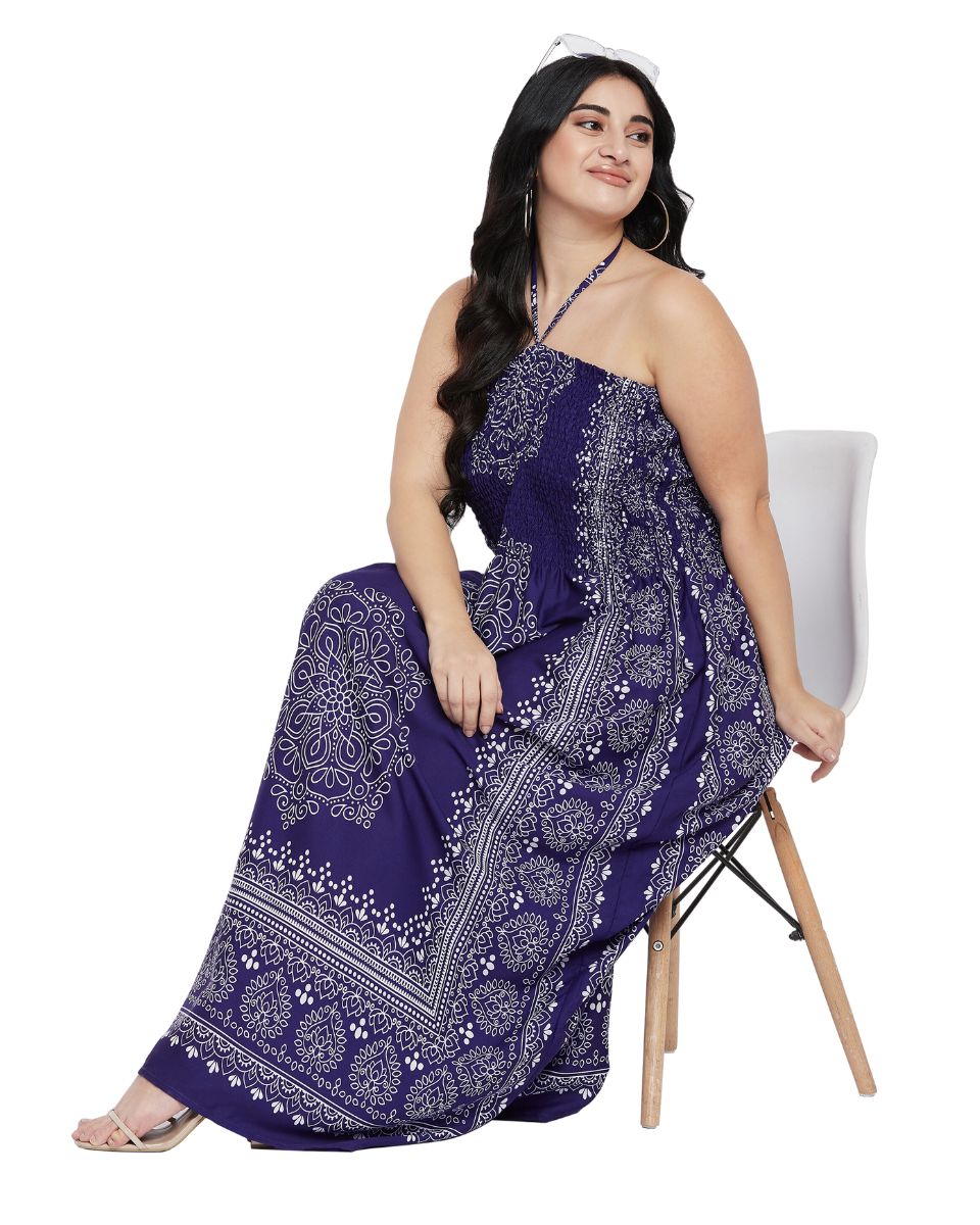 Navy Blue Floral Polyester Women Plus Size Tube Dress For Beach Party