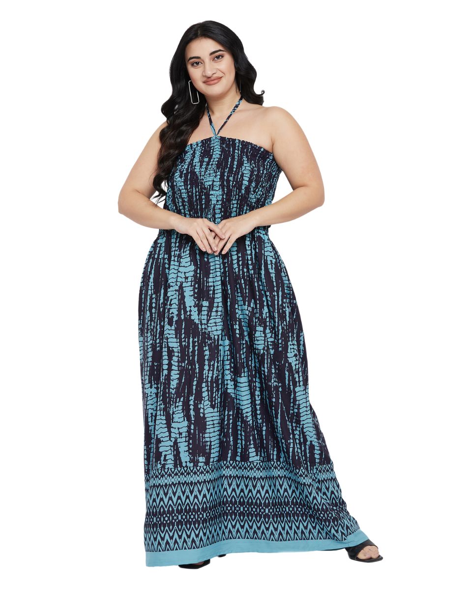 Tie Dye Turquoise Polyester Plus Size Elegant Strapless Maxi Dress for Women