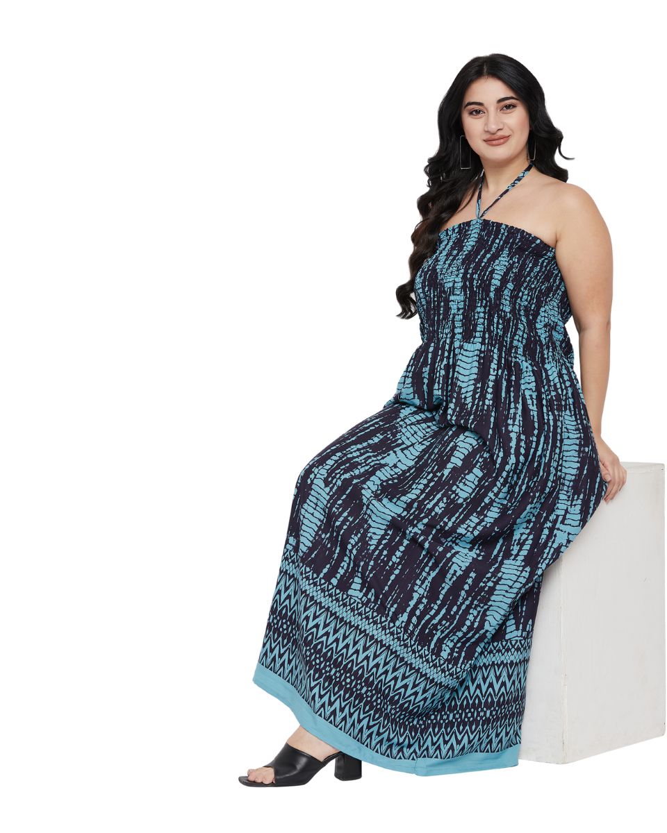Tie Dye Turquoise Polyester Plus Size Elegant Strapless Maxi Dress for Women