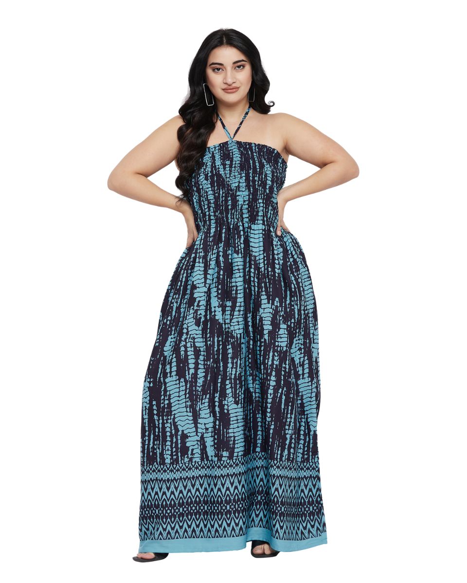 Tie Dye Turquoise Polyester Plus Size Elegant Strapless Maxi Dress for Women