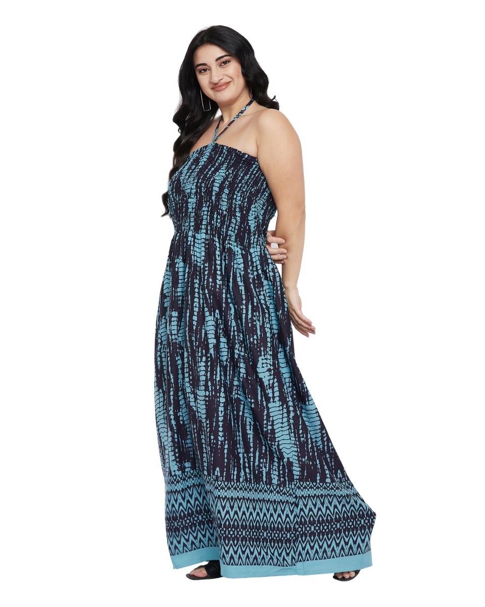 Tie Dye Turquoise Polyester Plus Size Elegant Strapless Maxi Dress for Women