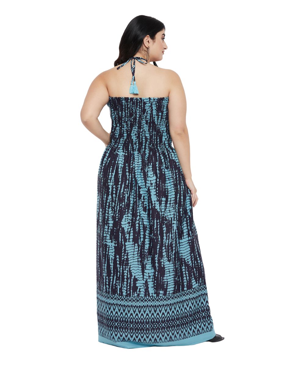 Tie Dye Turquoise Polyester Plus Size Elegant Strapless Maxi Dress for Women