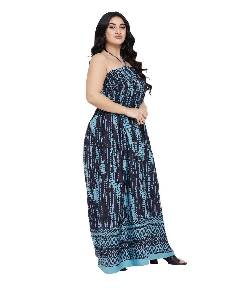 Tie Dye Turquoise Polyester Plus Size Elegant Strapless Maxi Dress for Women