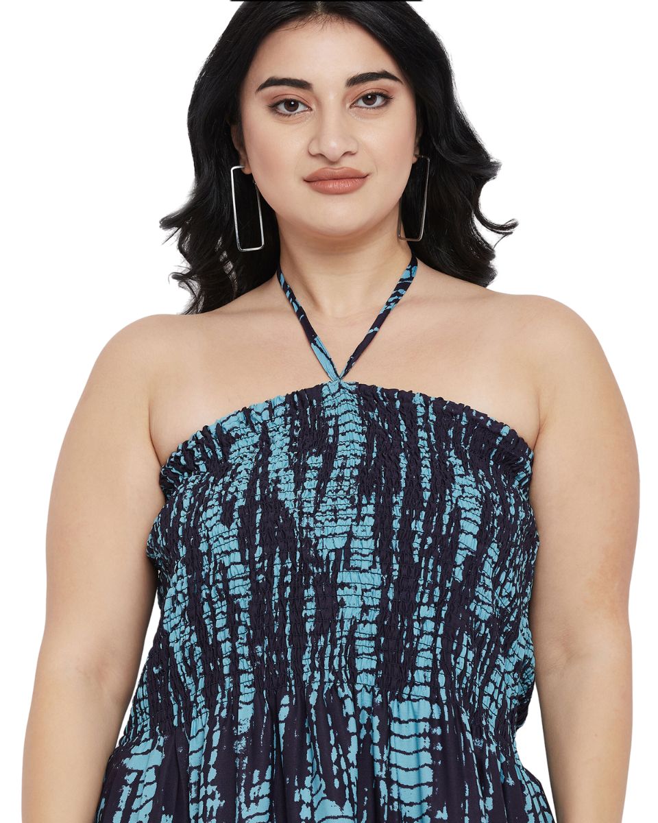 Tie Dye Turquoise Polyester Plus Size Elegant Strapless Maxi Dress for Women