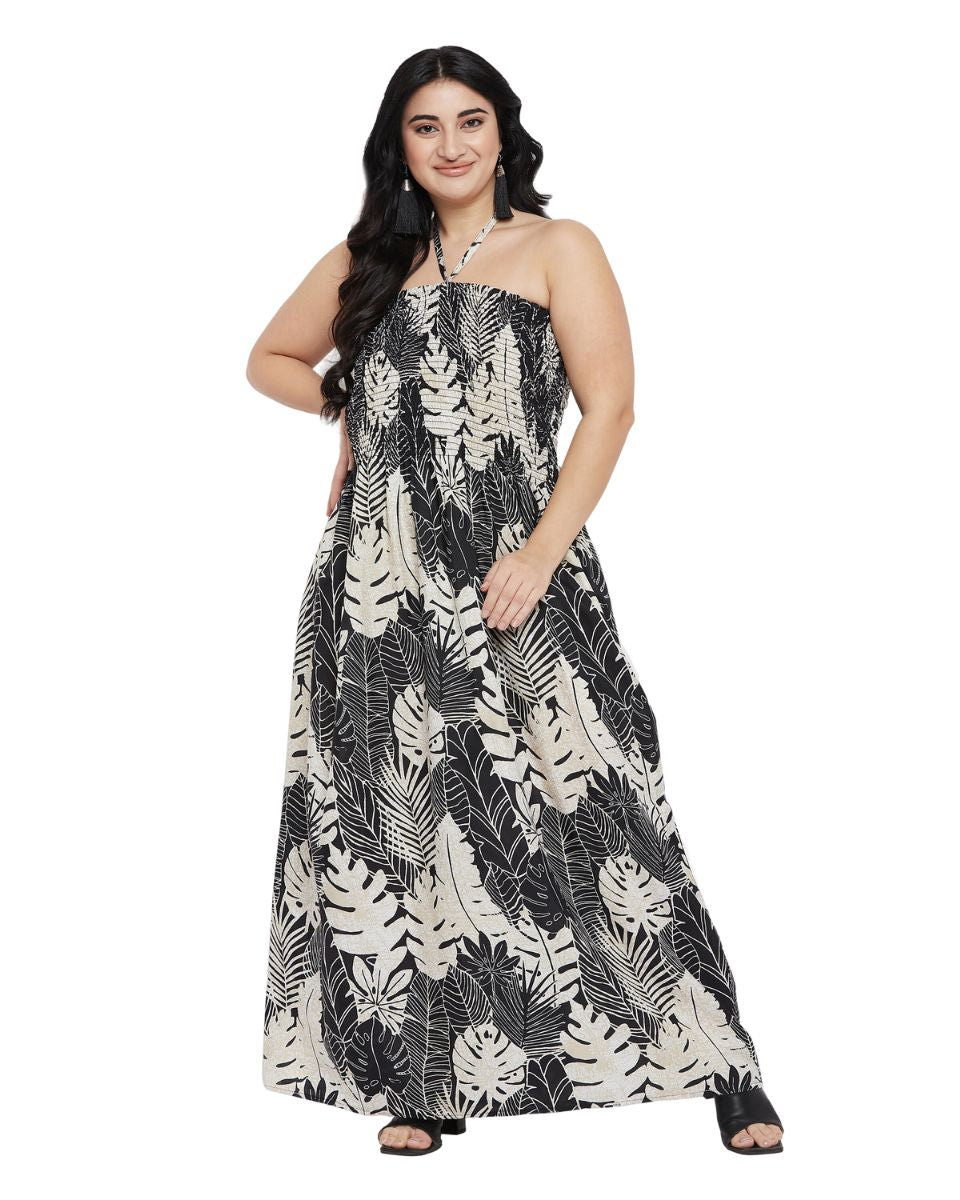Leaf Printed Black Polyester Tube Dress For Women