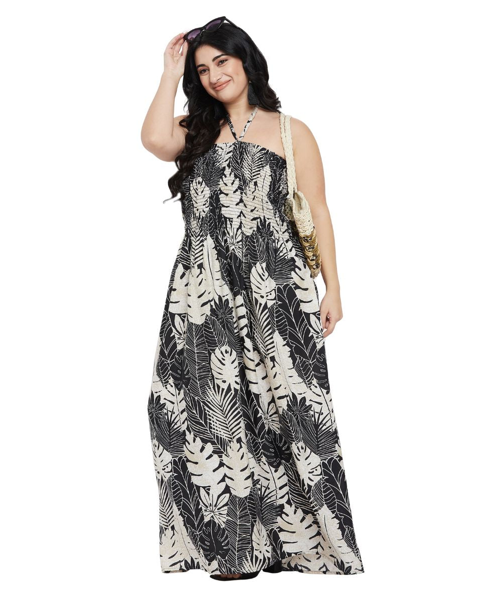 Leaf Printed Black Polyester Tube Dress For Women