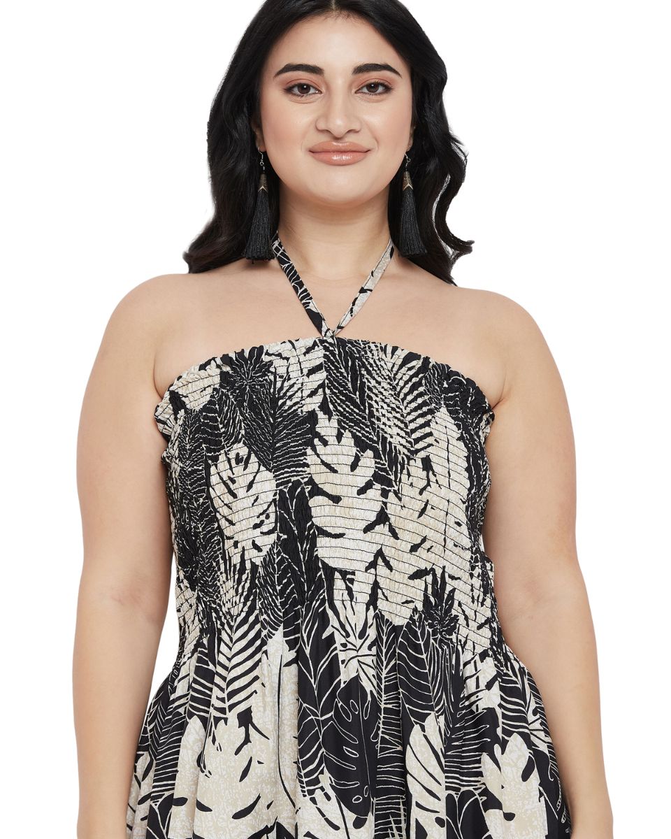 Leaf Printed Black Polyester Tube Dress For Women