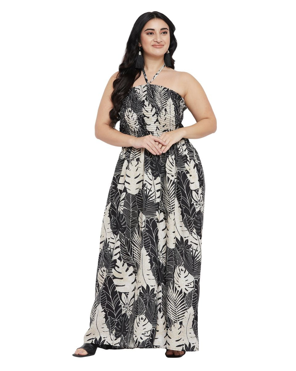 Leaf Printed Black Polyester Tube Dress For Women