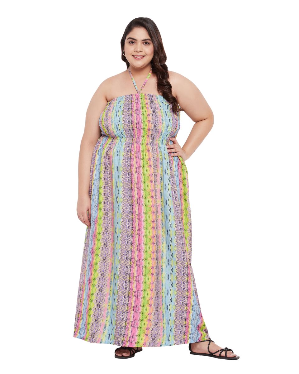 plus size tube maxi dress Geometric & Striped Print Multicolor Polyester Tube Dress for Women 1X