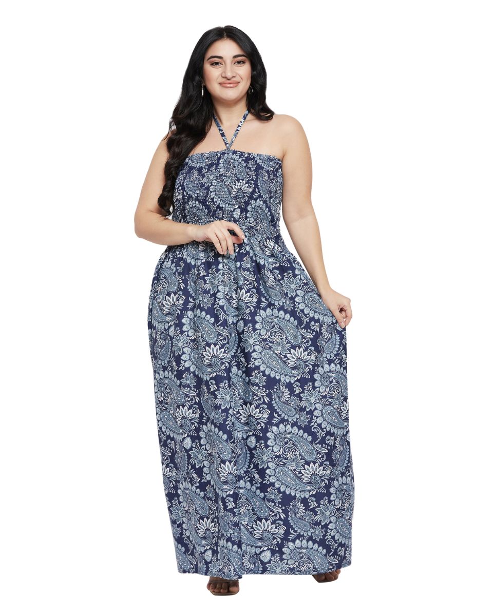Paisley Blue Polyester Women Plus Size Summer Tube Dress