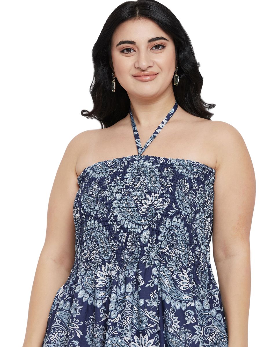 Paisley Blue Polyester Women Plus Size Summer Tube Dress