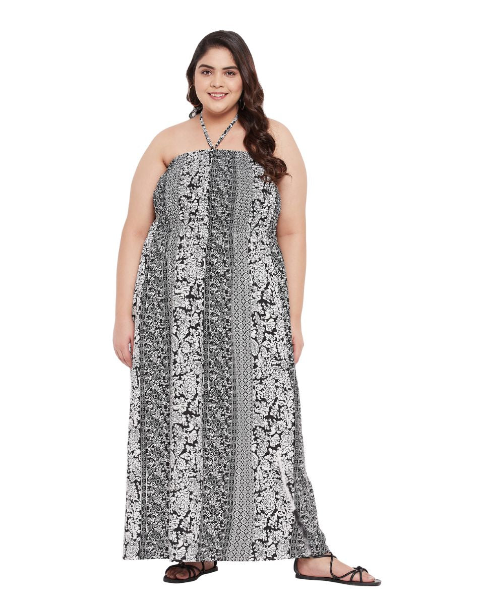 Floral Printed Black Polyester Tube Dress For Women