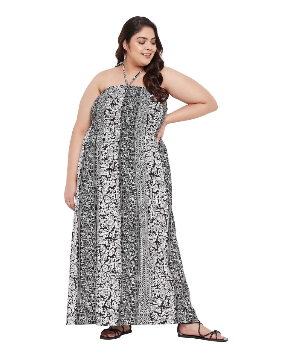 Floral Printed Black Polyester Tube Dress For Women