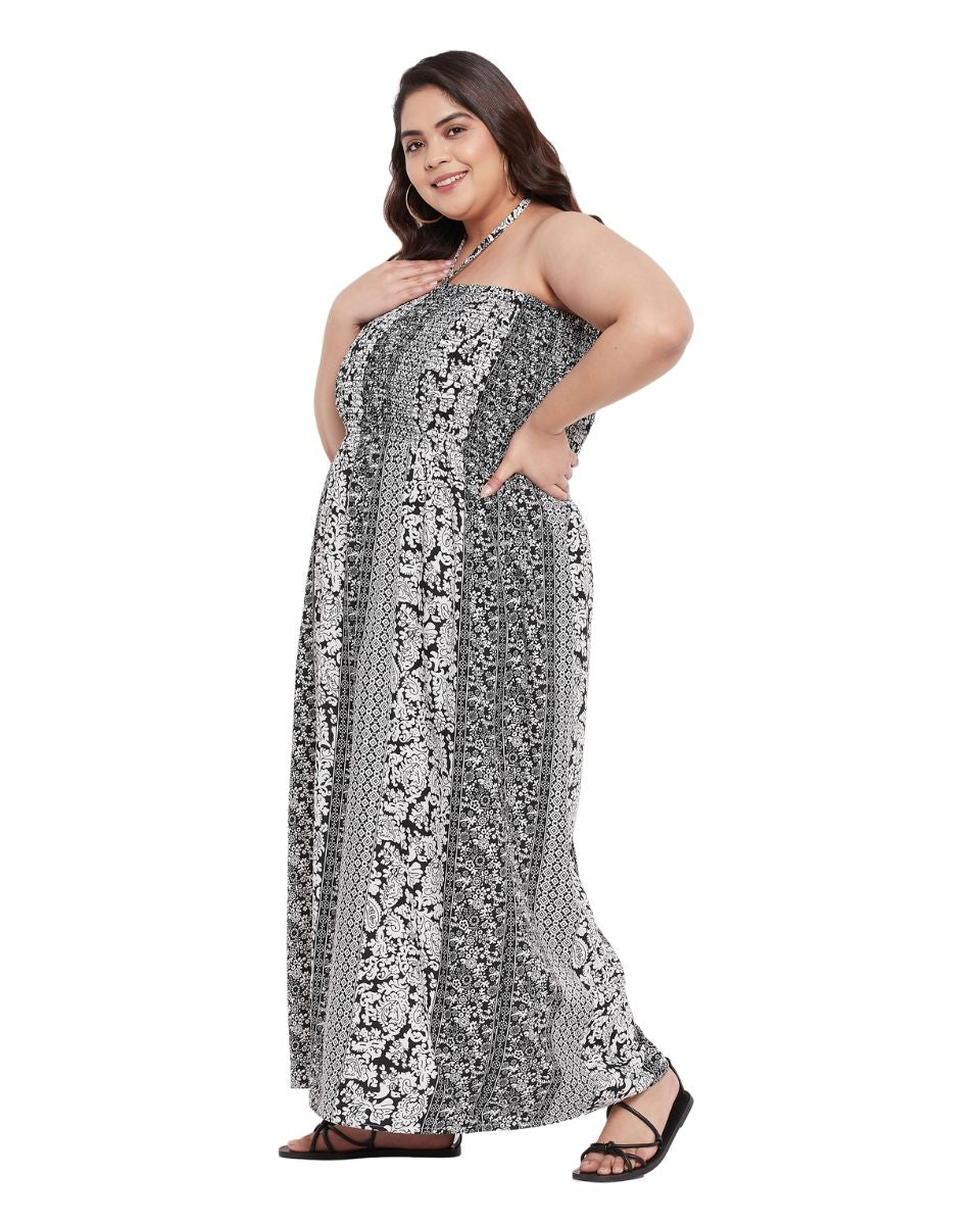 Floral Printed Black Polyester Tube Dress For Women