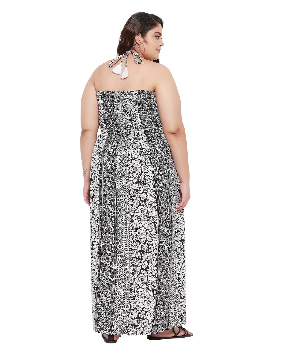 Floral Printed Black Polyester Tube Dress For Women