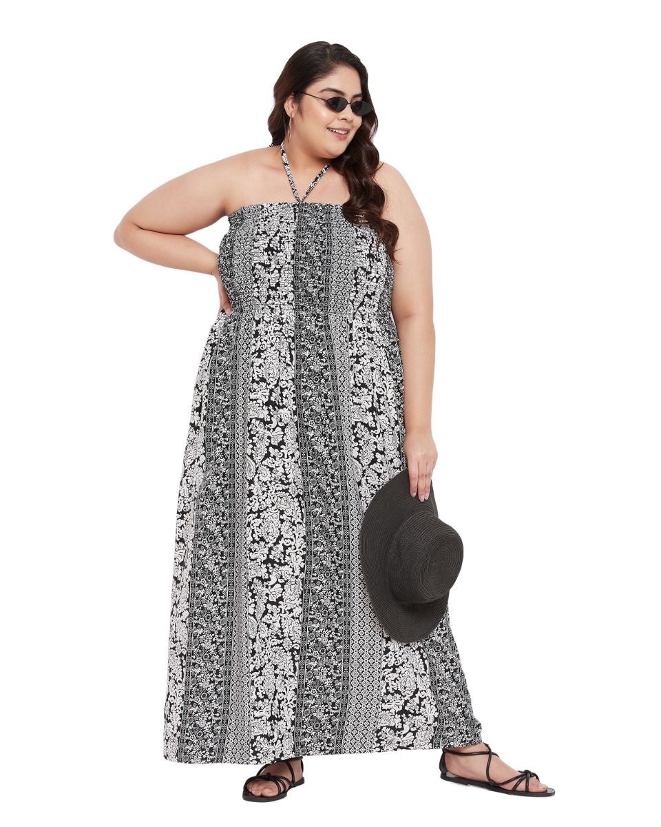 Floral Printed Black Polyester Tube Dress For Women