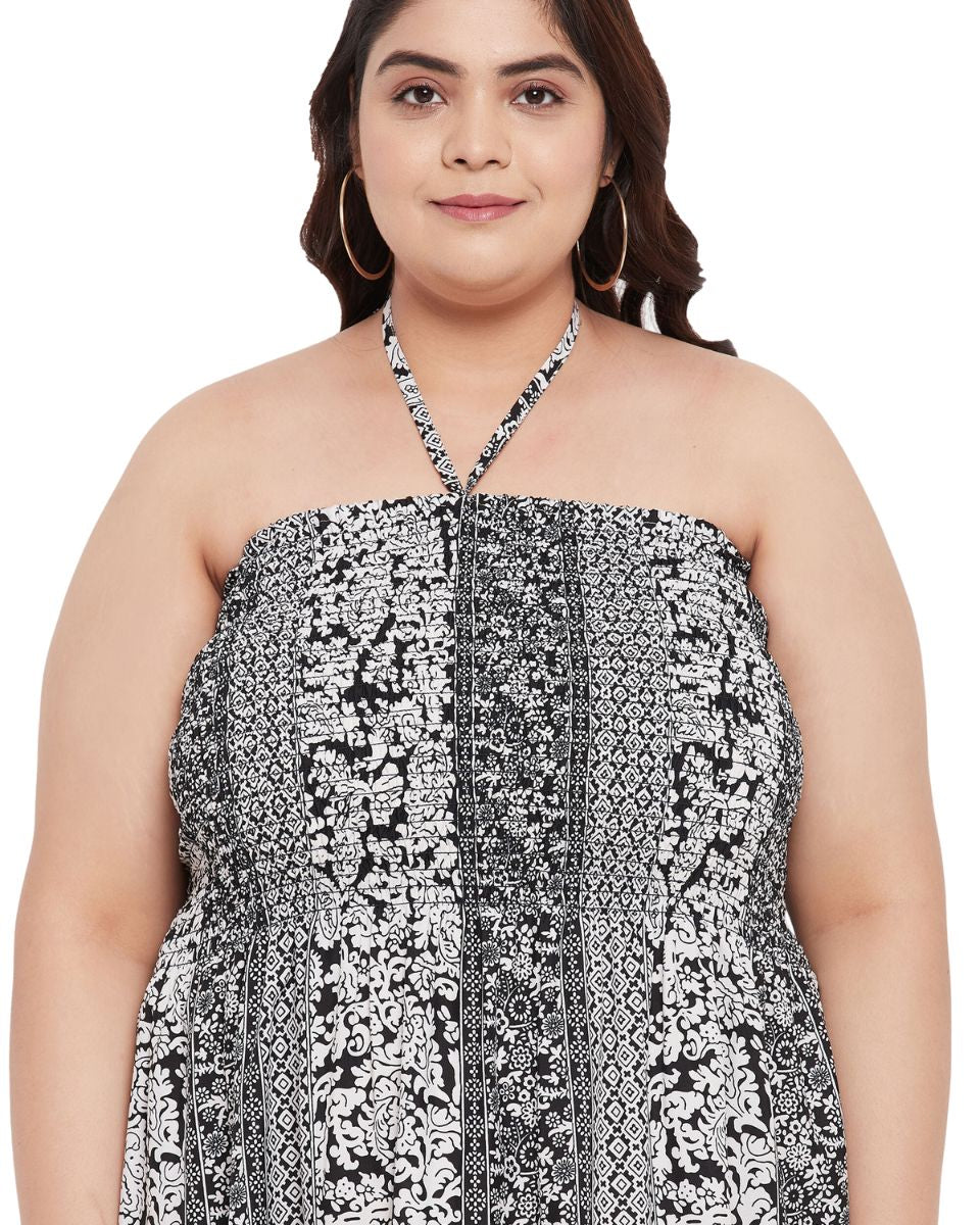 Floral Printed Black Polyester Tube Dress For Women