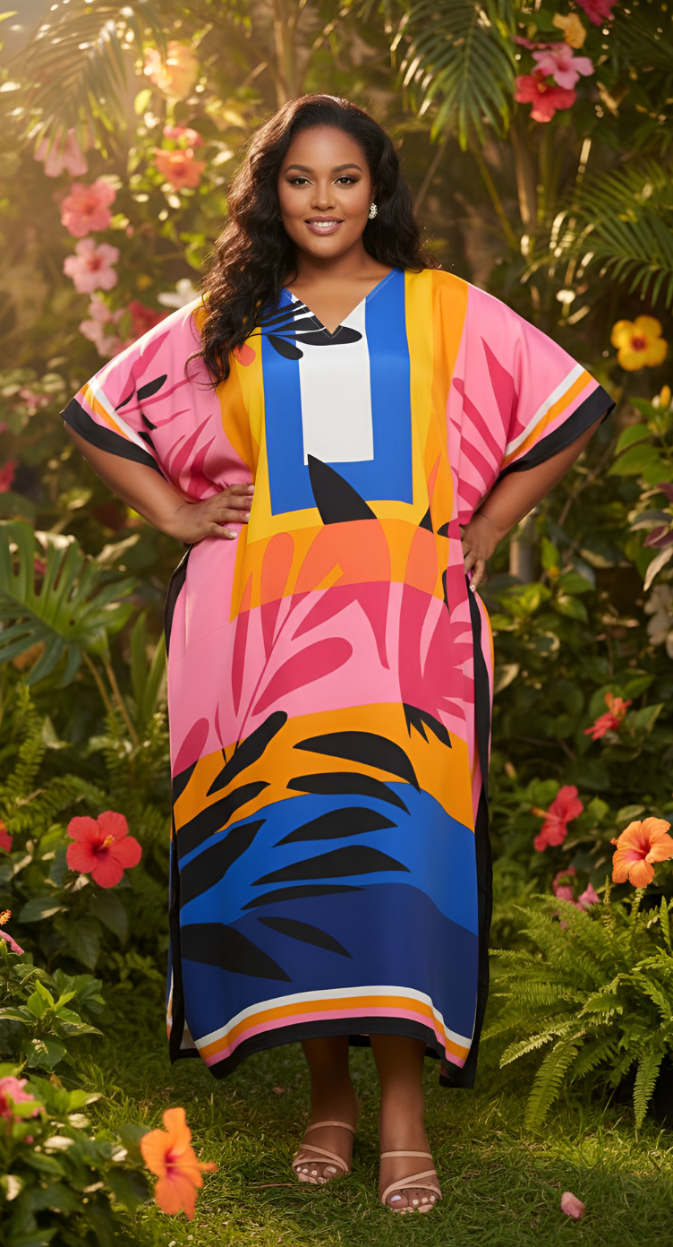 Plus size model in a pink, orange and blue tropical colour-block kaftan in a garden
