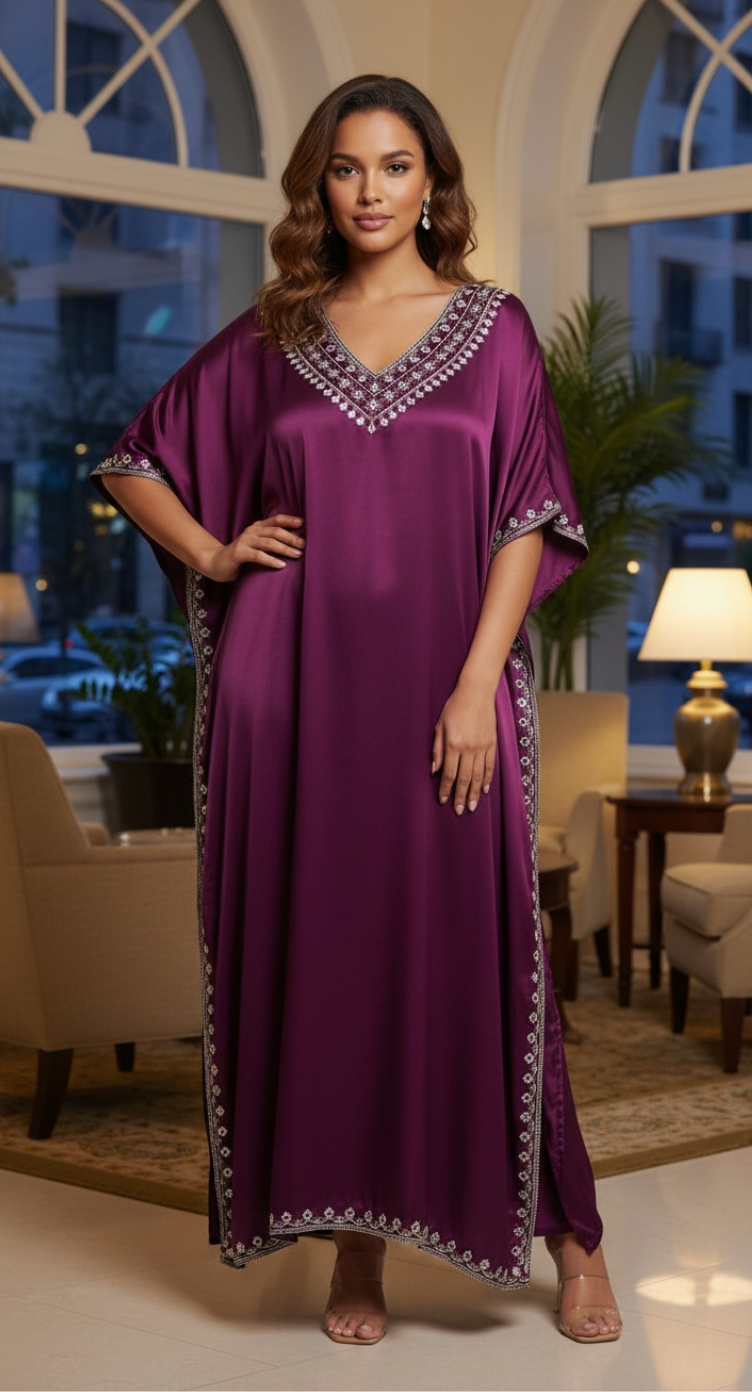 Purple Bordered Embroidered Satin Plus Size Kaftan Dress V Neck