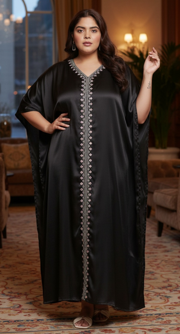 Black Embroidered Center-Stripe Trim Satin Plus Size Kaftan Dress V Neck