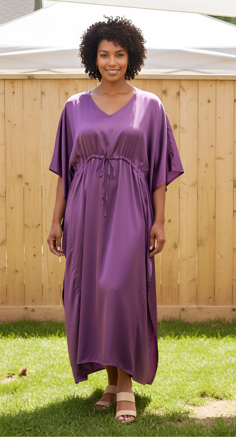 Purple Orchid Satin Plus Size Kaftan Dress 3/4 Sleeve V Neck