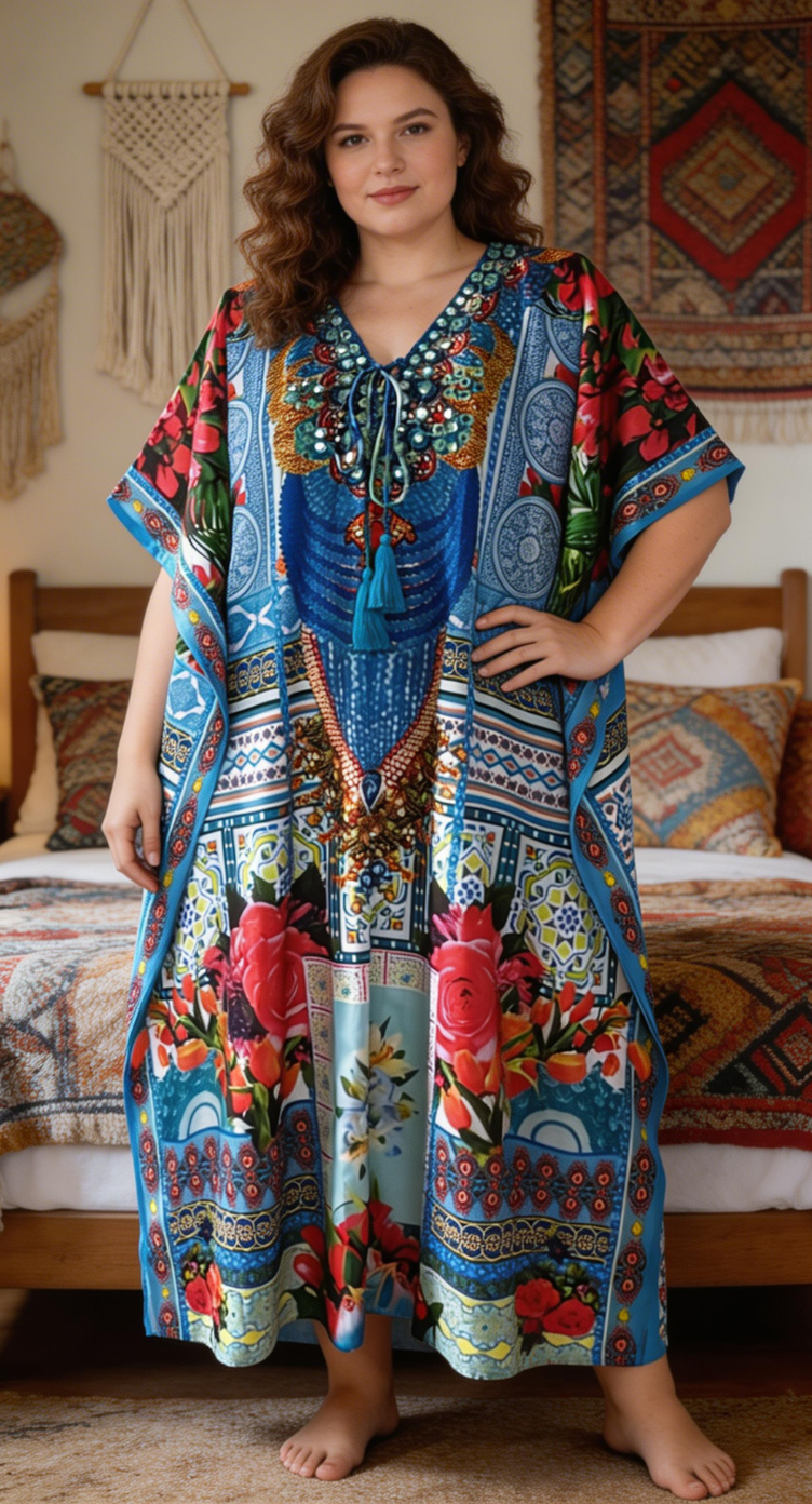 Turquoise Bohemian Floral Polyester Plus Size Kaftan