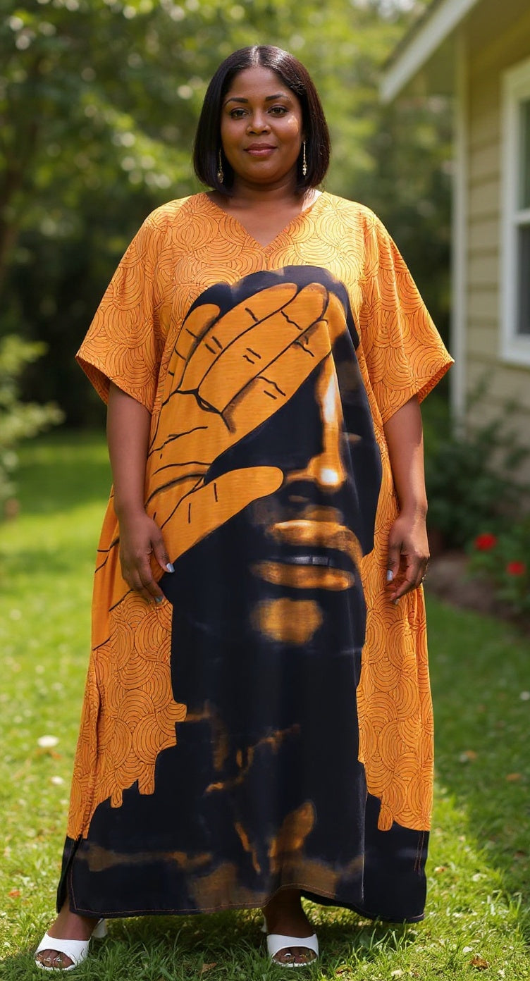 Mustard Abstract Face Polyester Plus Size Kaftan