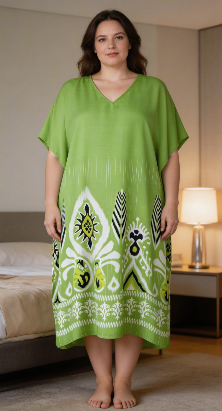 Green Tribal Ikat Sunburst Border Polyester Plus Size Kaftan V Neck