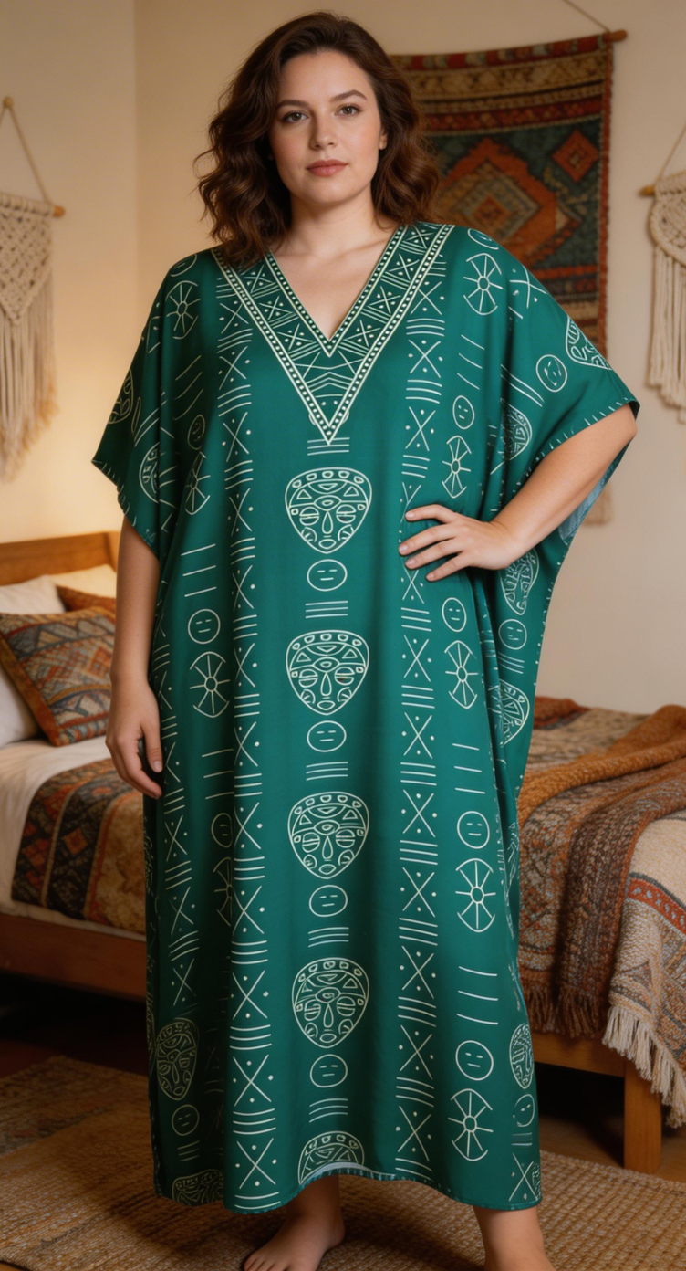 Plus size model in a green tribal mask print kaftan with a V-neck