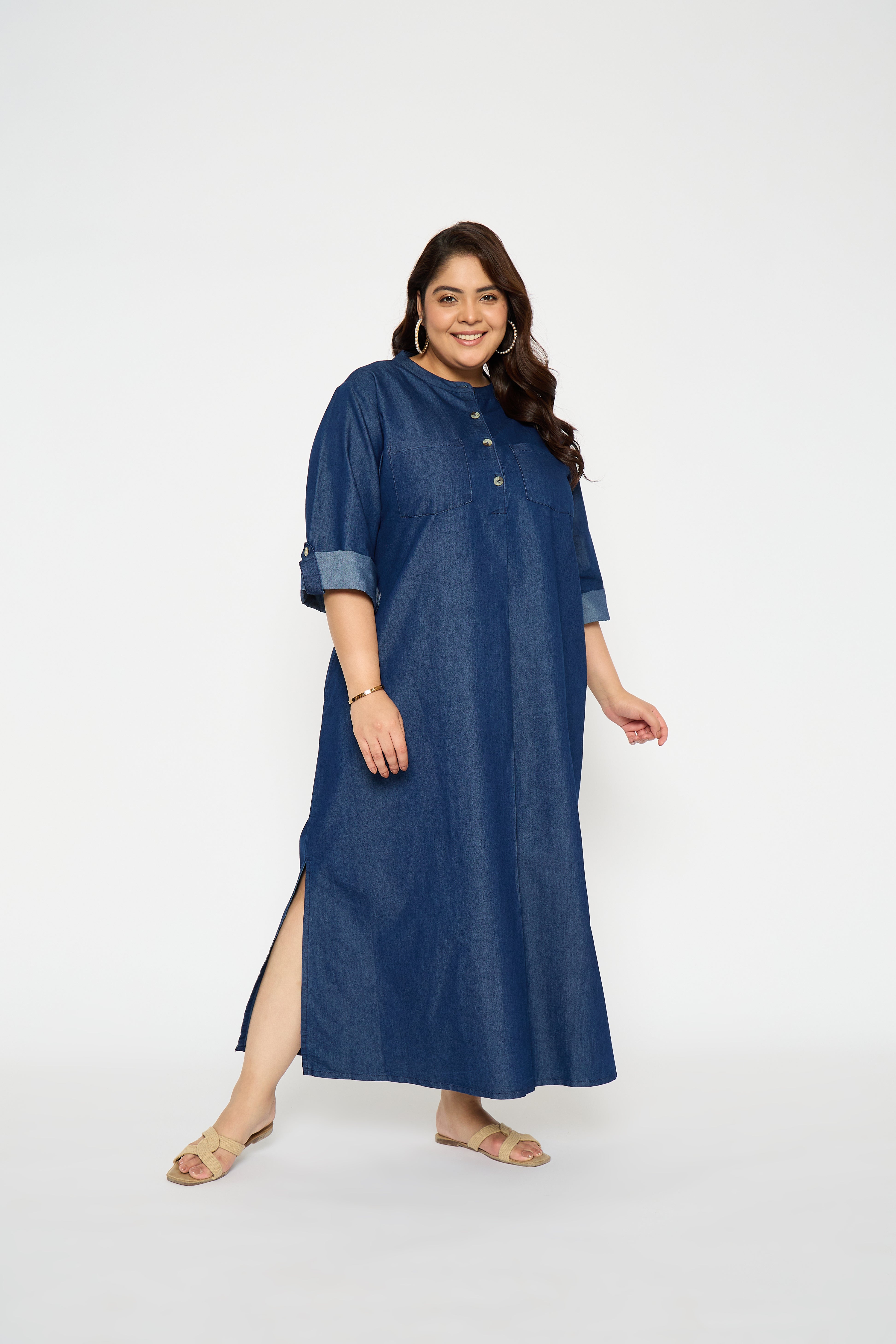 Blue Casual Denim Maxi Dress for Plus Size Women