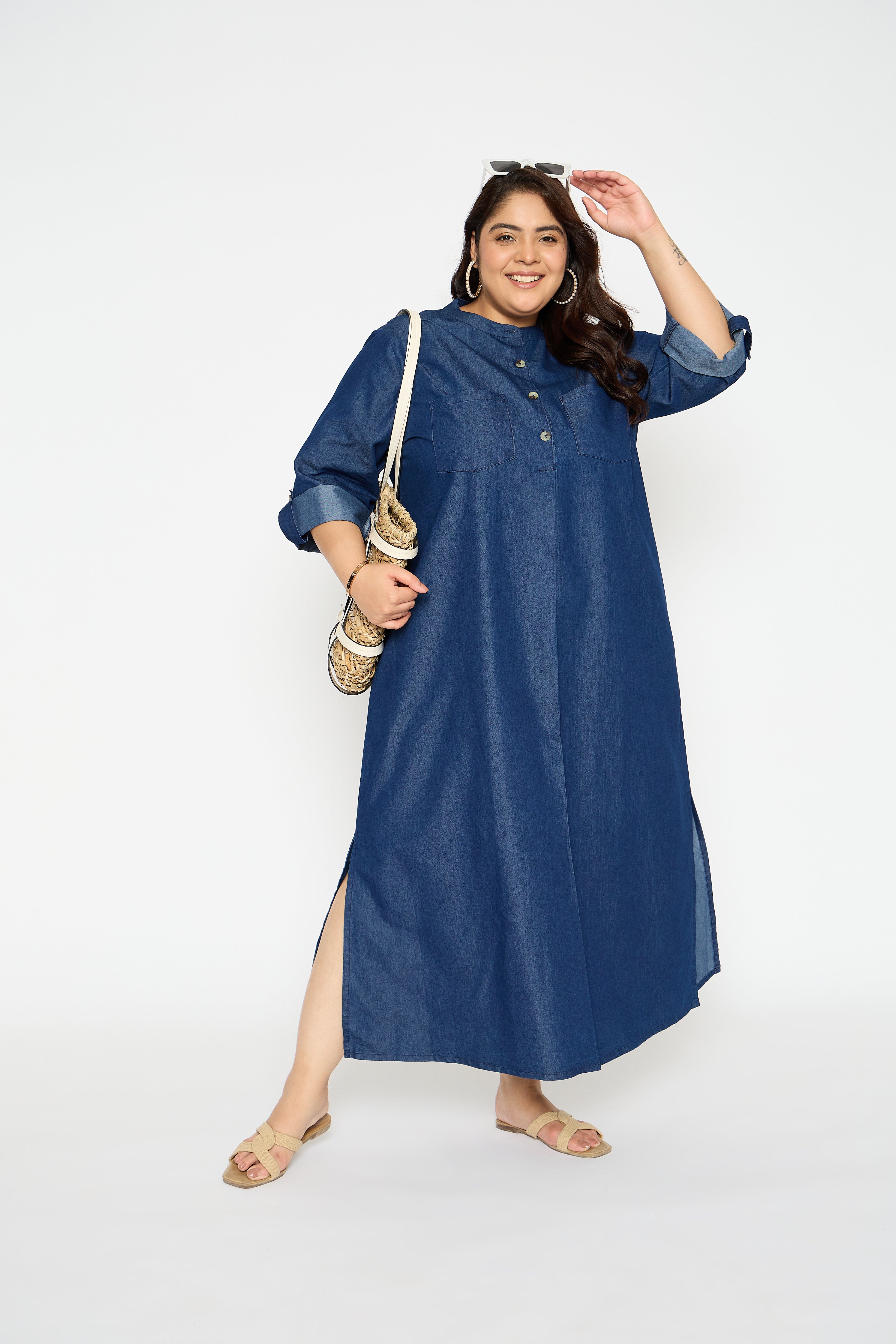 Blue Casual Denim Maxi Dress for Plus Size Women