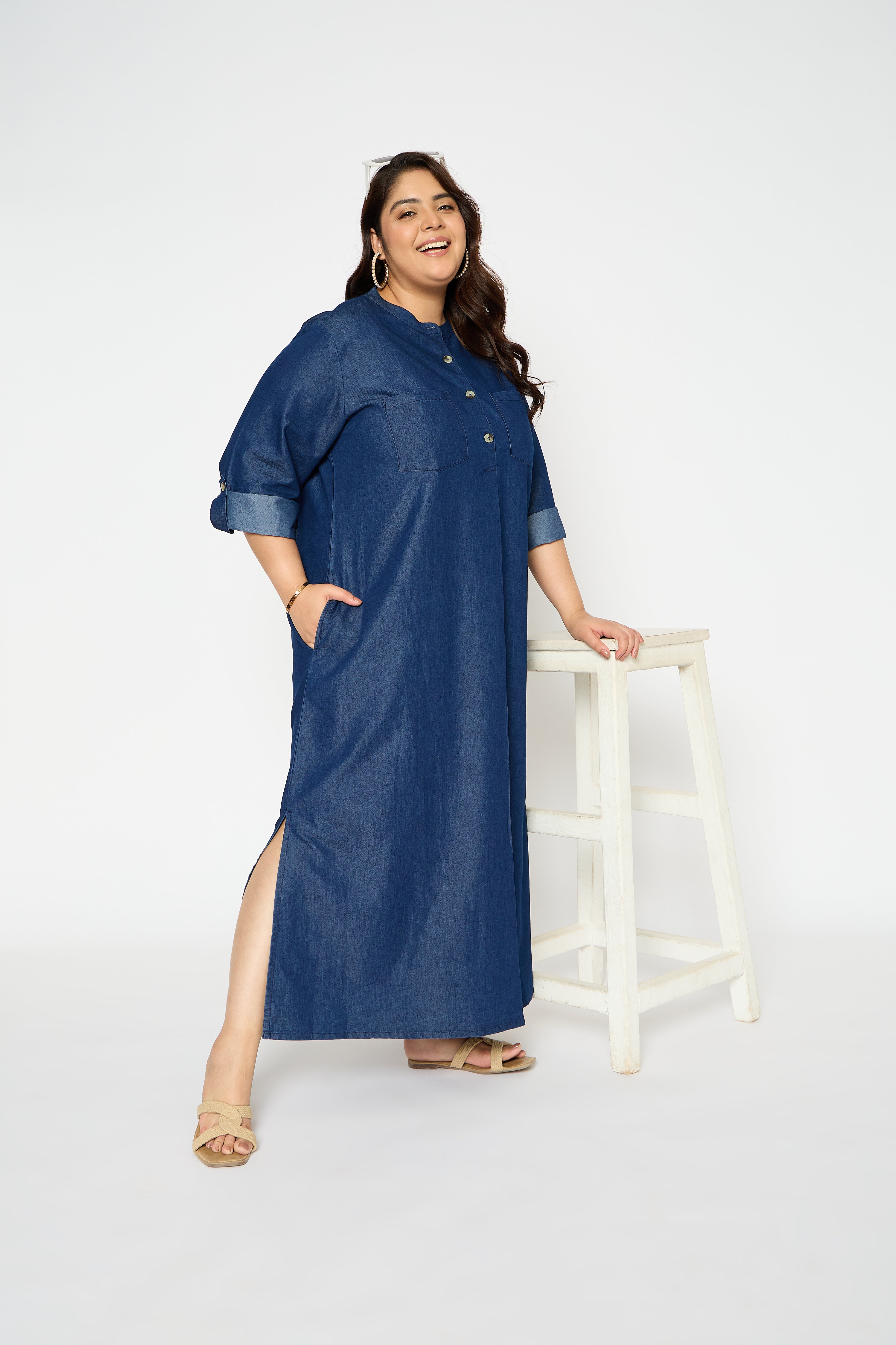 Blue Casual Denim Maxi Dress for Plus Size Women