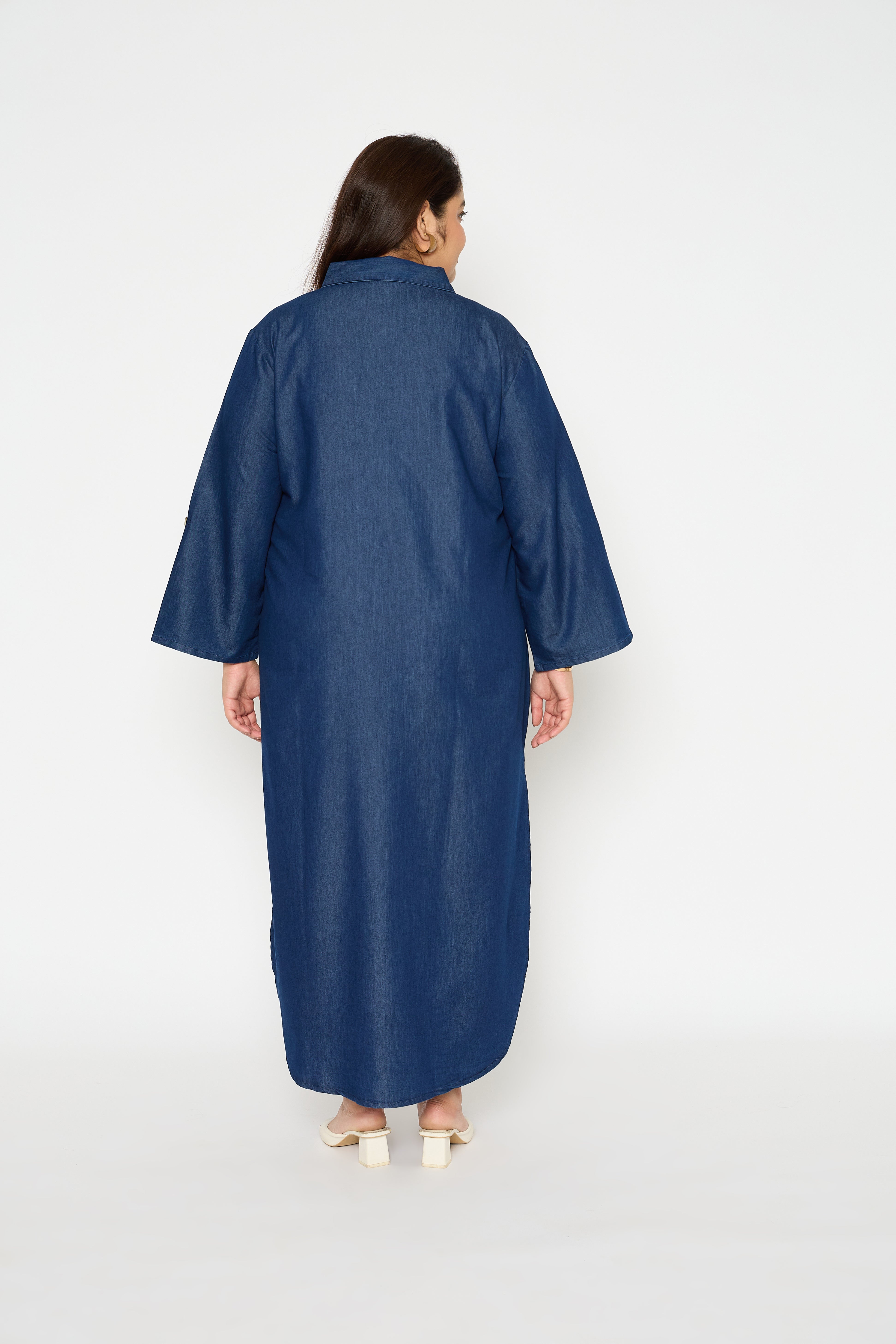 Blue Plus Size Denim Maxi Shirt Dress with Side Split for Women