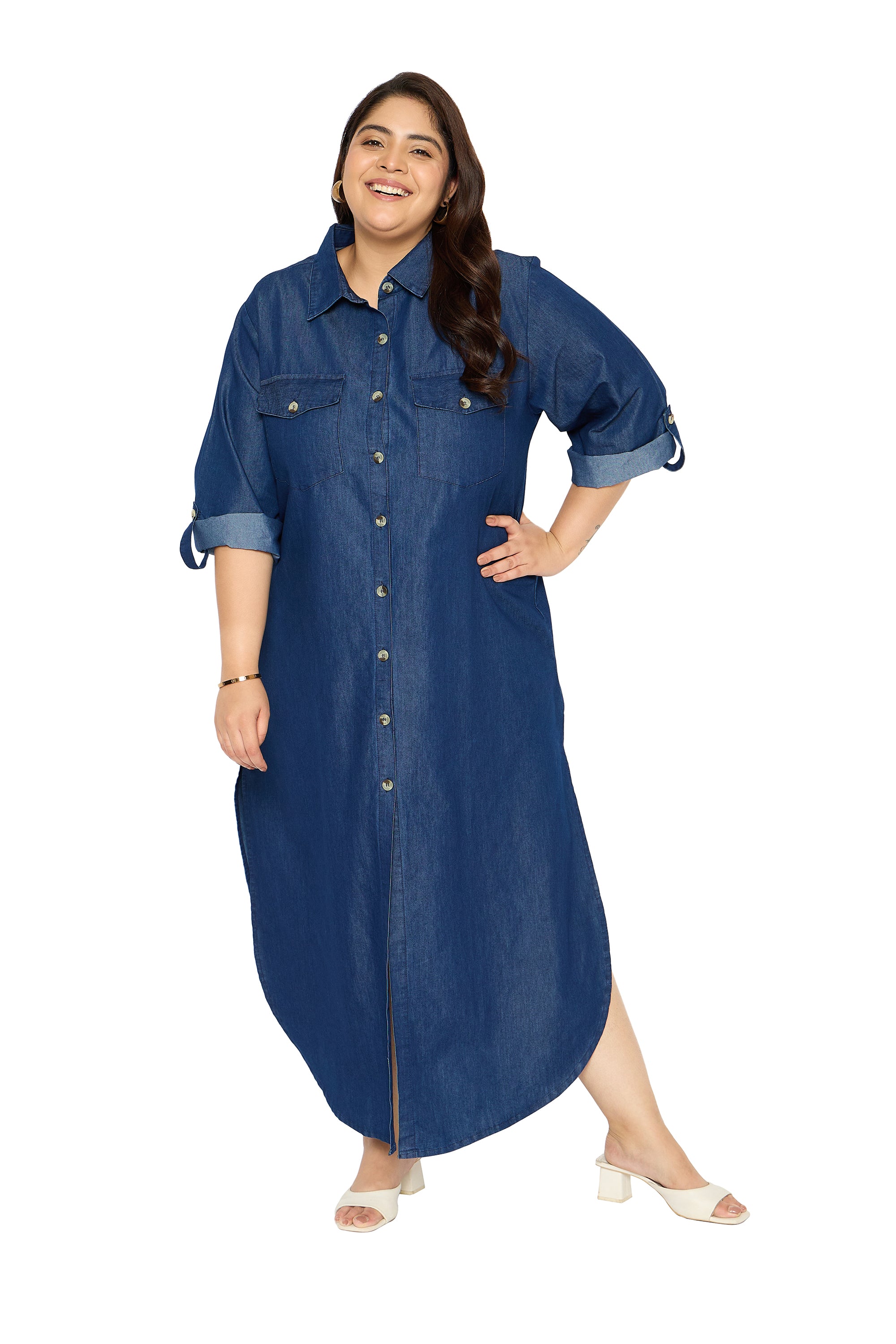 Blue Plus Size Denim Maxi Shirt Dress with Side Split for Women