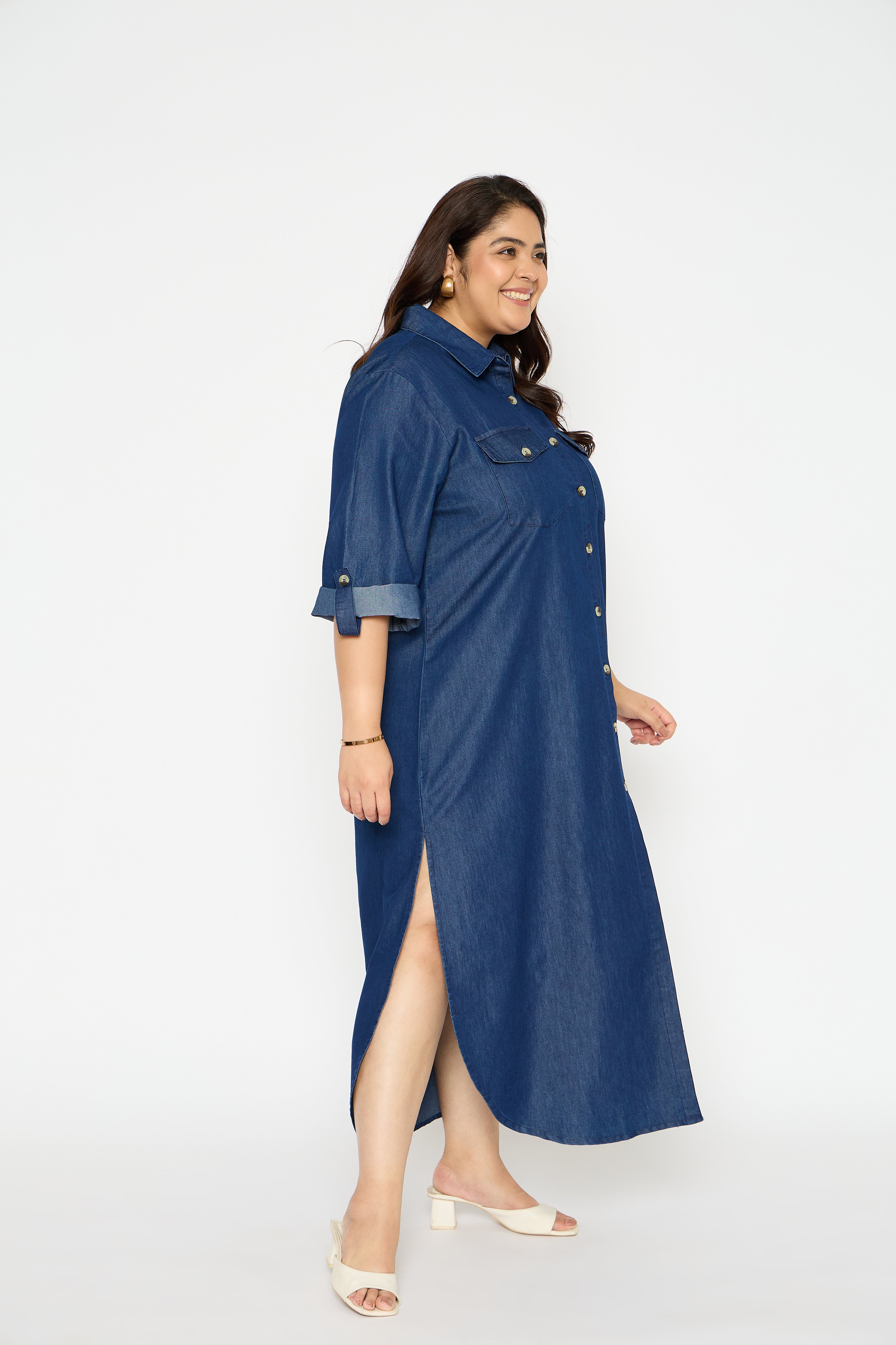 Blue Plus Size Denim Maxi Shirt Dress with Side Split for Women