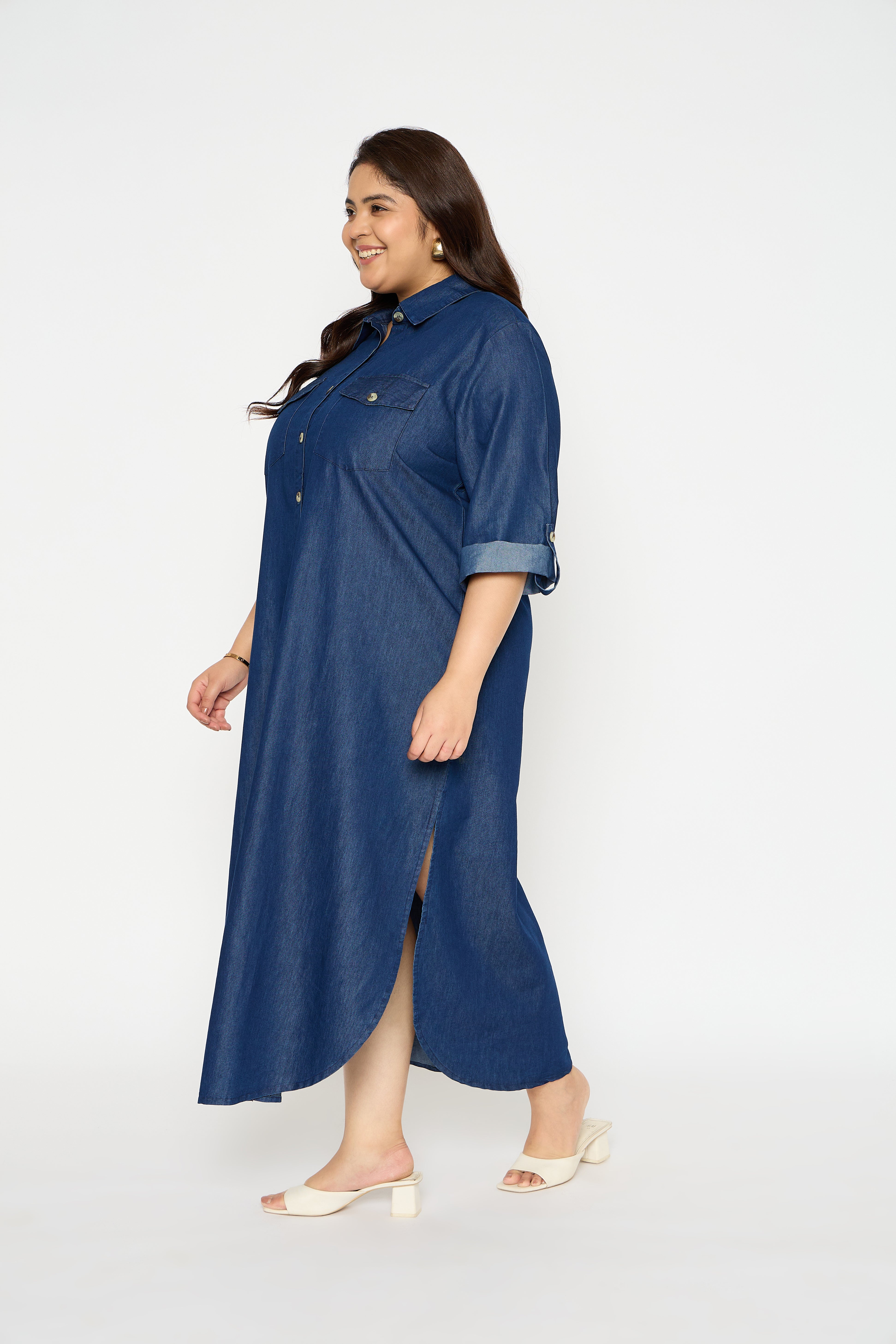 Blue Plus Size Denim Maxi Shirt Dress with Side Split for Women