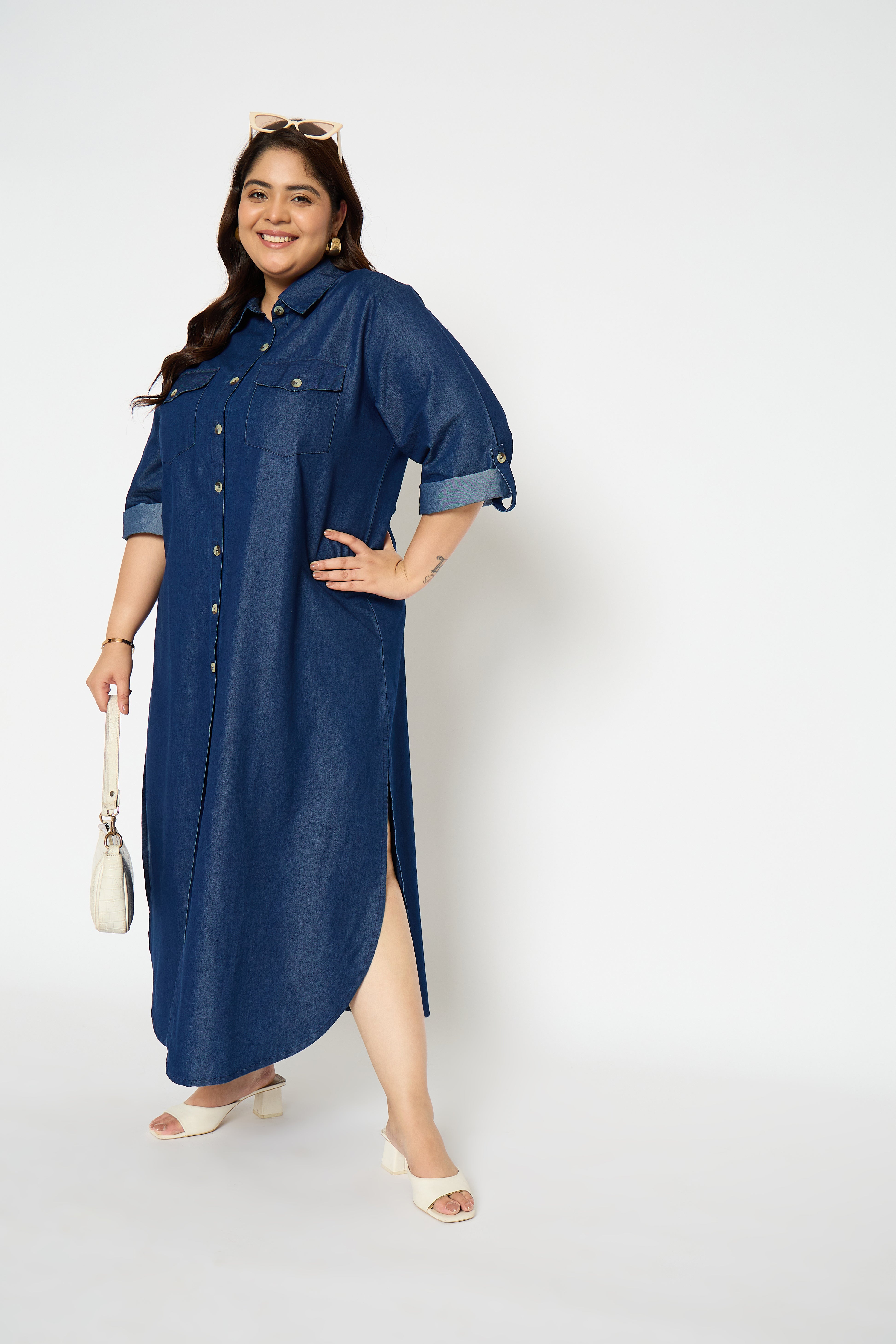 Blue Plus Size Denim Maxi Shirt Dress with Side Split for Women