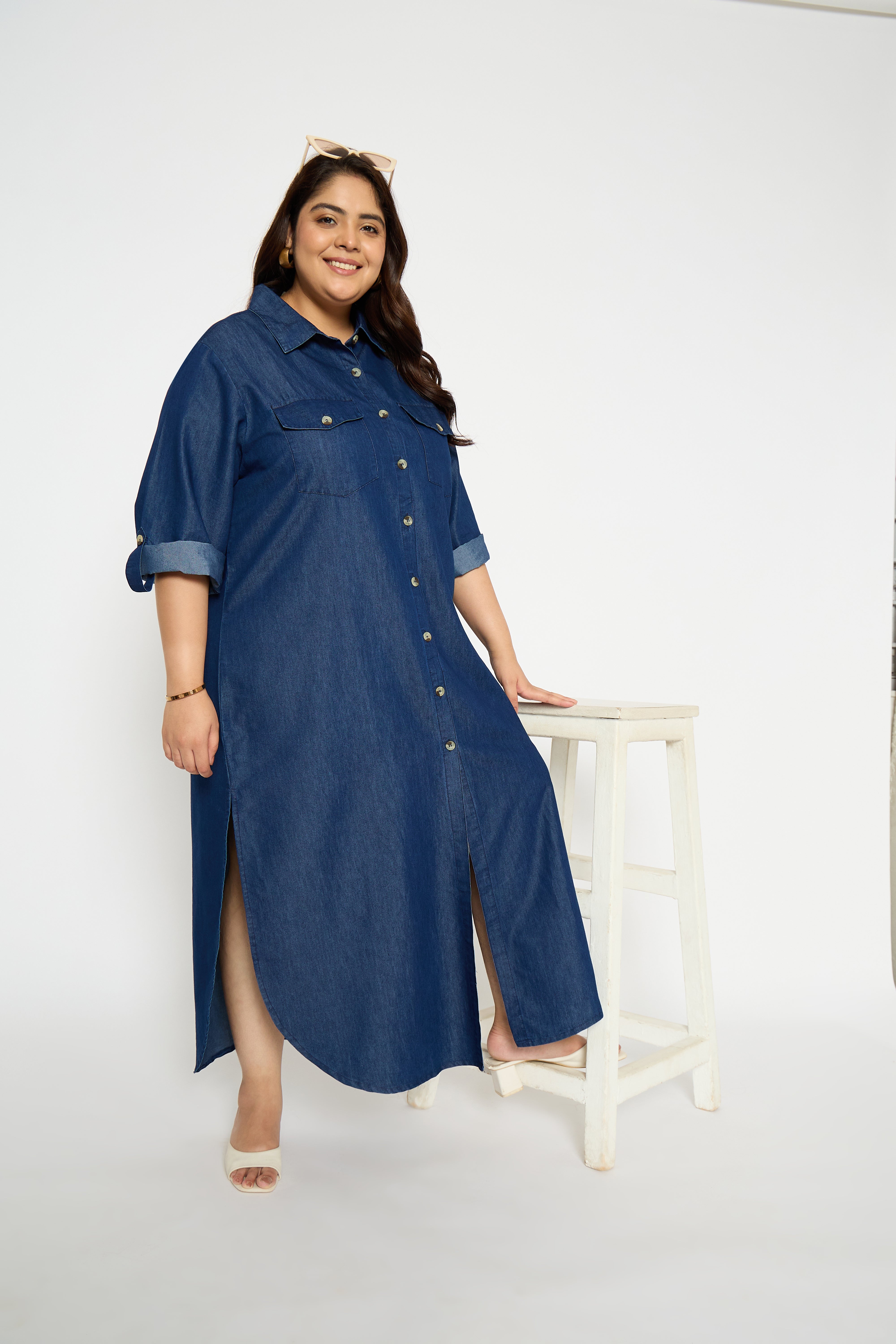 Blue Plus Size Denim Maxi Shirt Dress with Side Split for Women