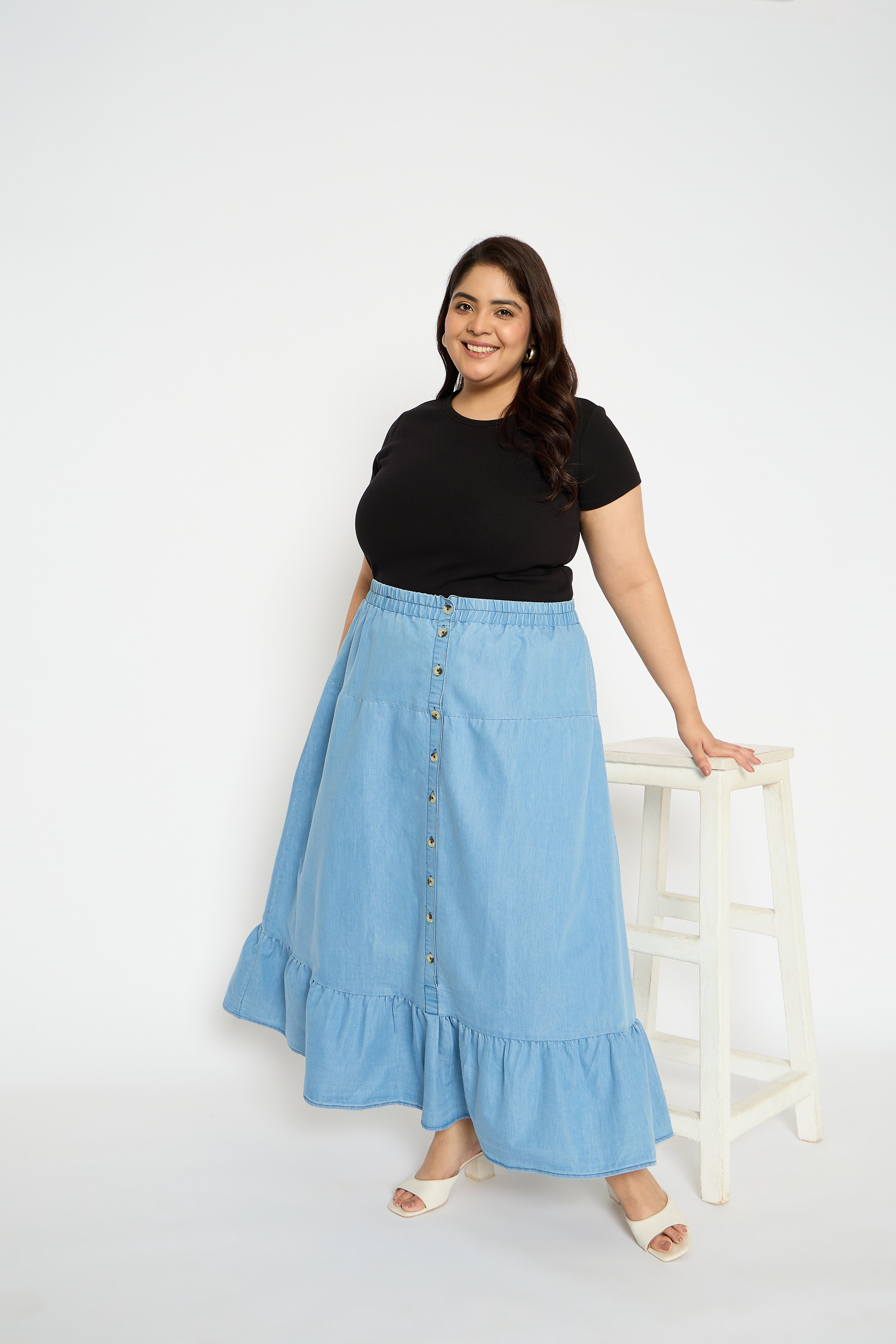 Light Blue A Line Elastic Waist Denim Long Skirt for Plus Size Women