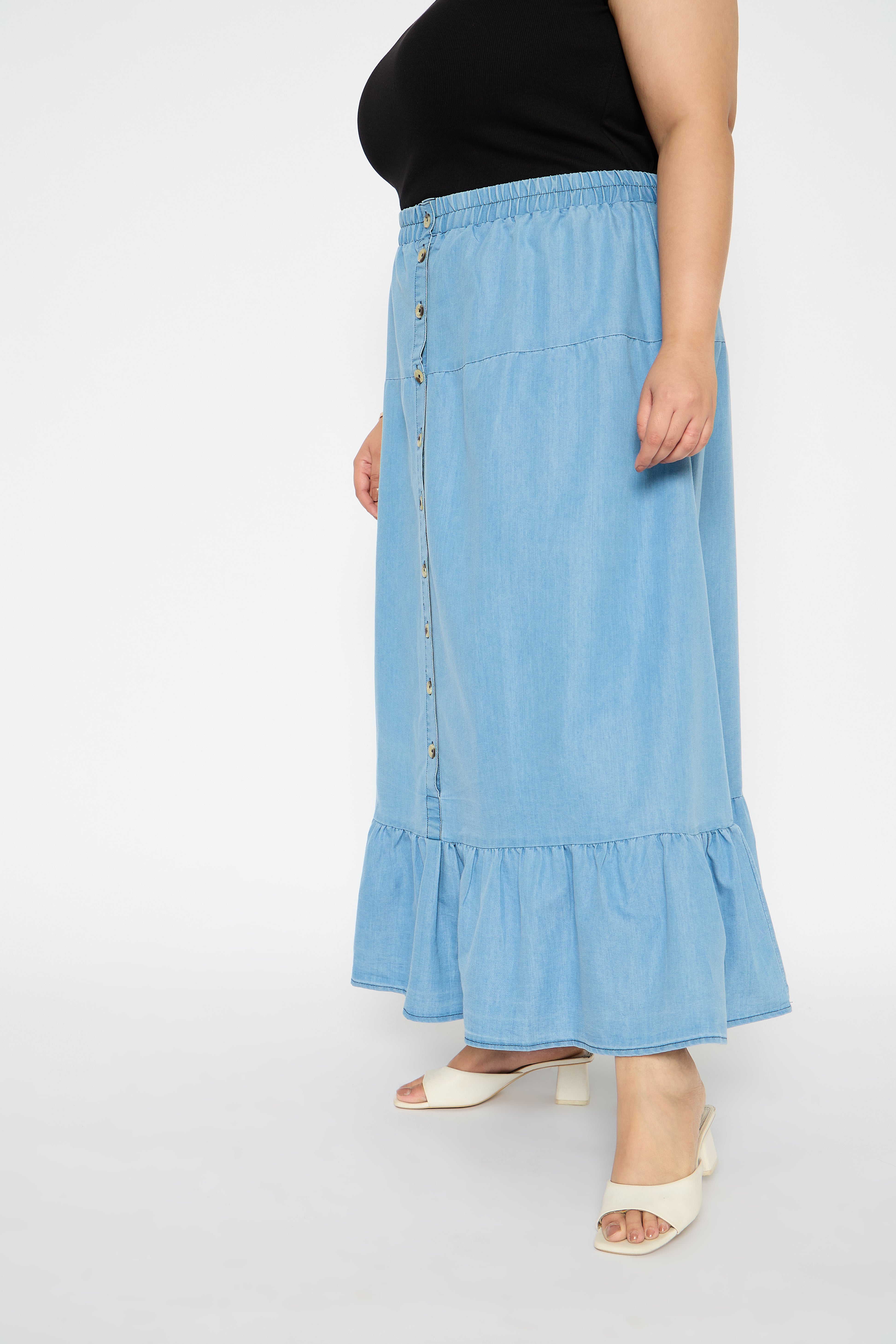 Light Blue A Line Elastic Waist Denim Long Skirt for Plus Size Women