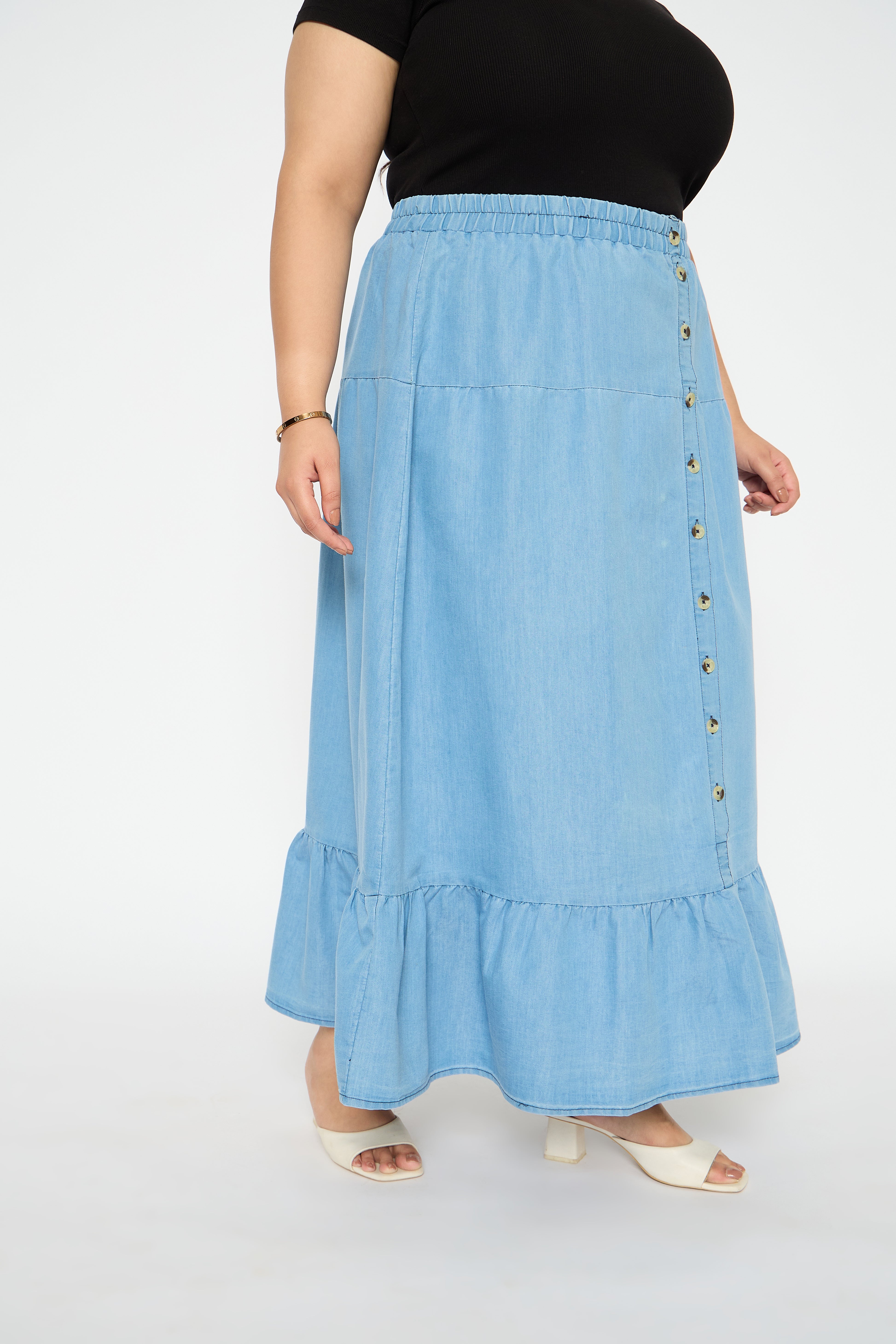 Light Blue A Line Elastic Waist Denim Long Skirt for Plus Size Women