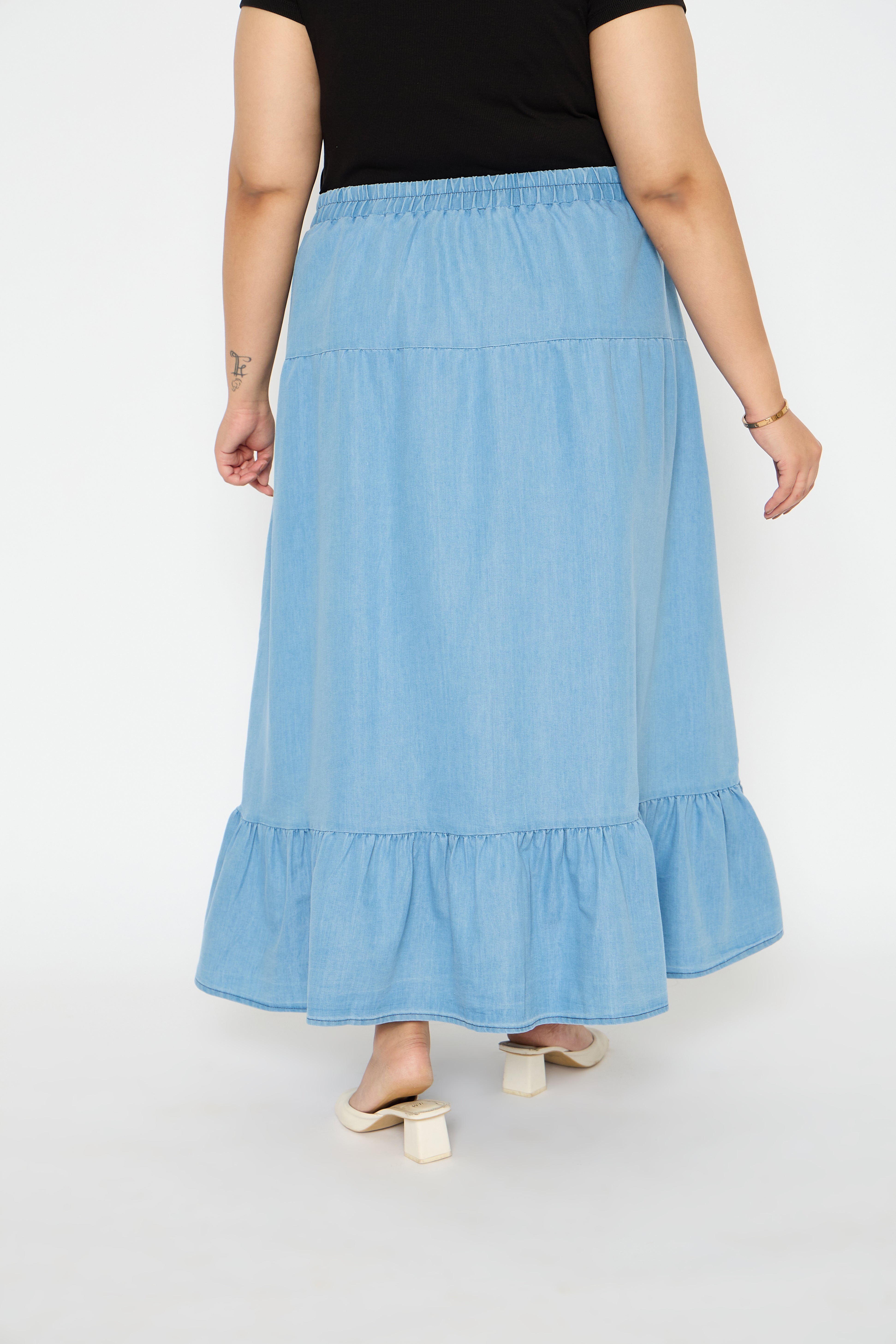 Light Blue A Line Elastic Waist Denim Long Skirt for Plus Size Women