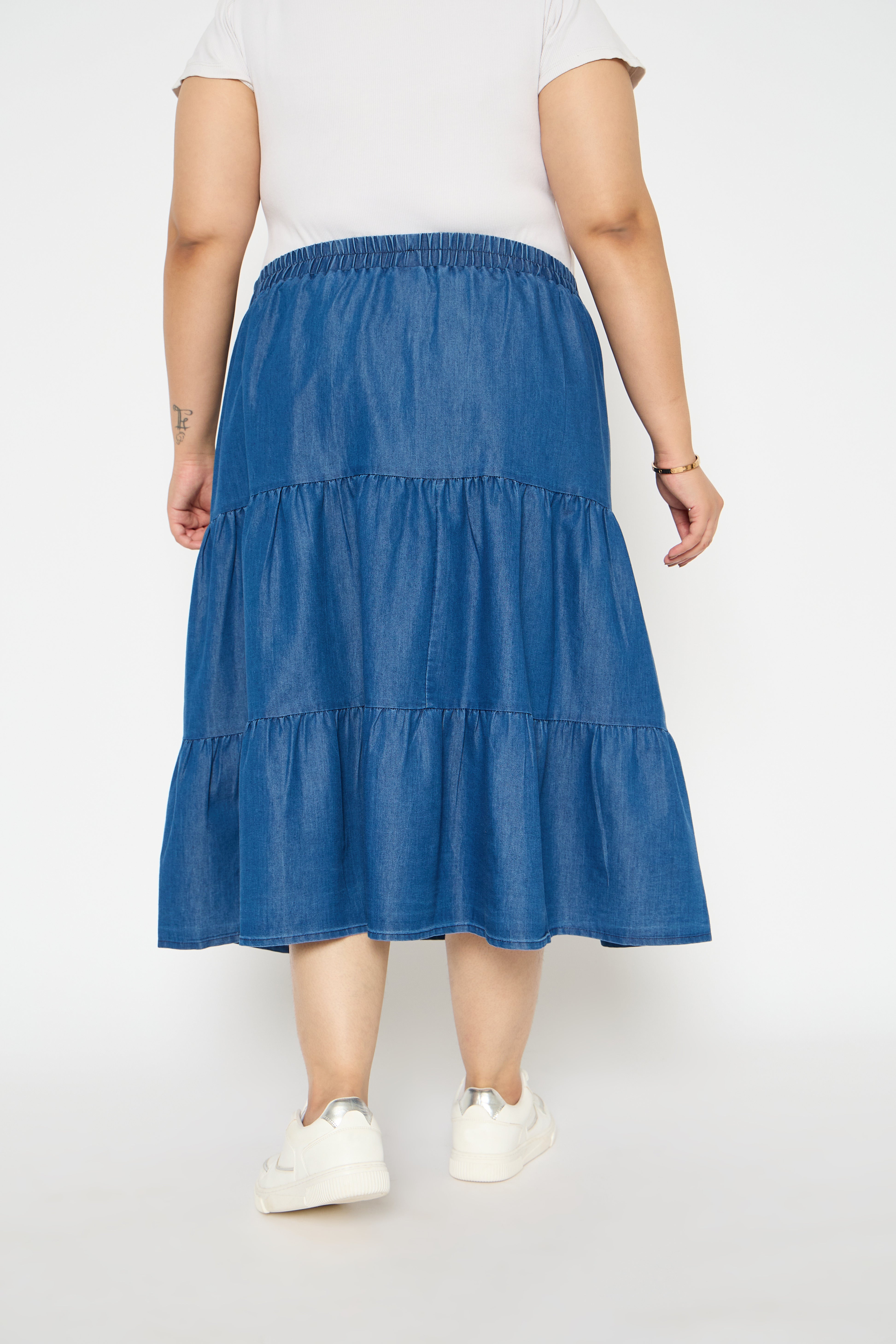 Blue Denim Midi Skirt Elastic Waist Plus Size Skirts for Women