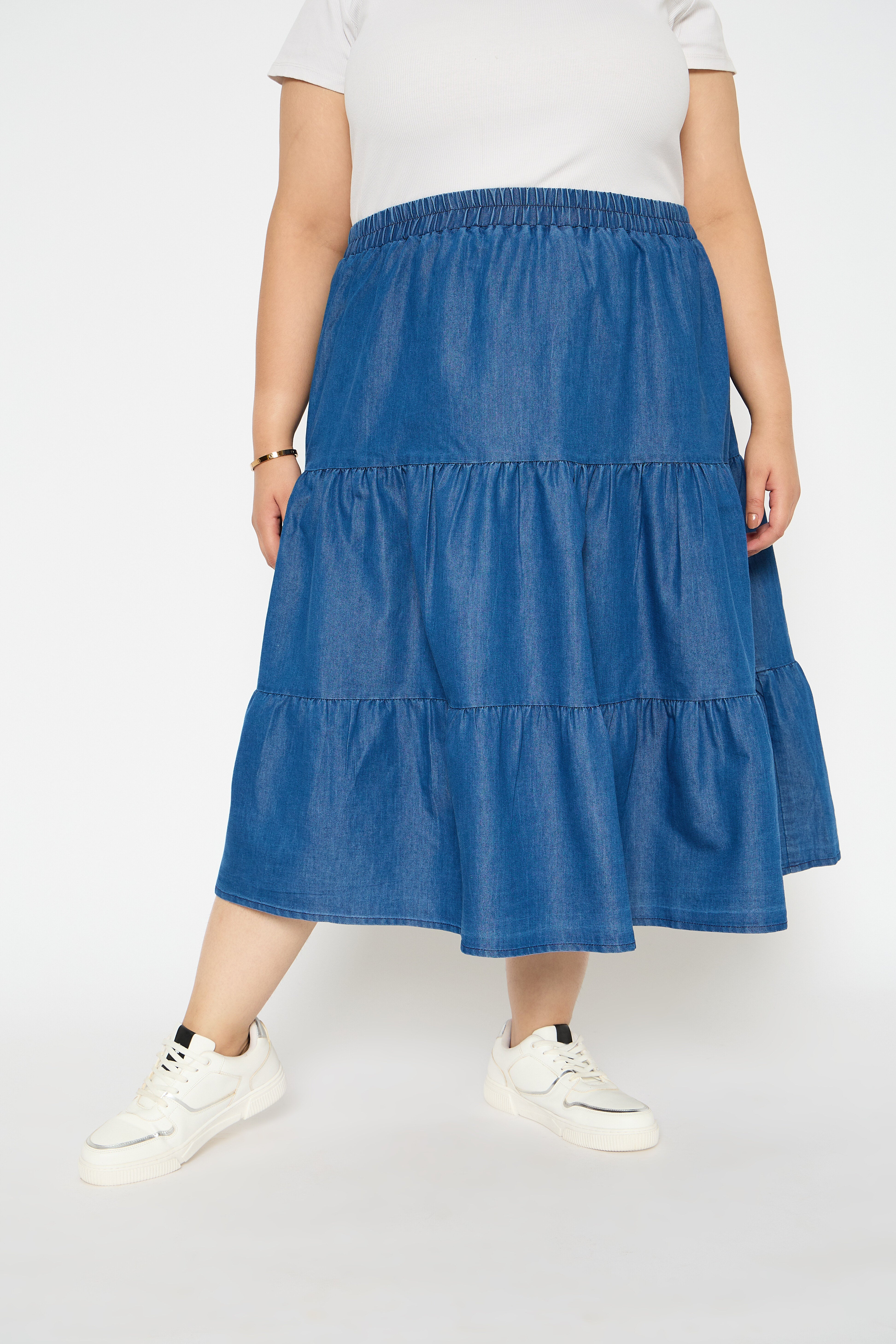 Blue Denim Midi Skirt Elastic Waist Plus Size Skirts for Women