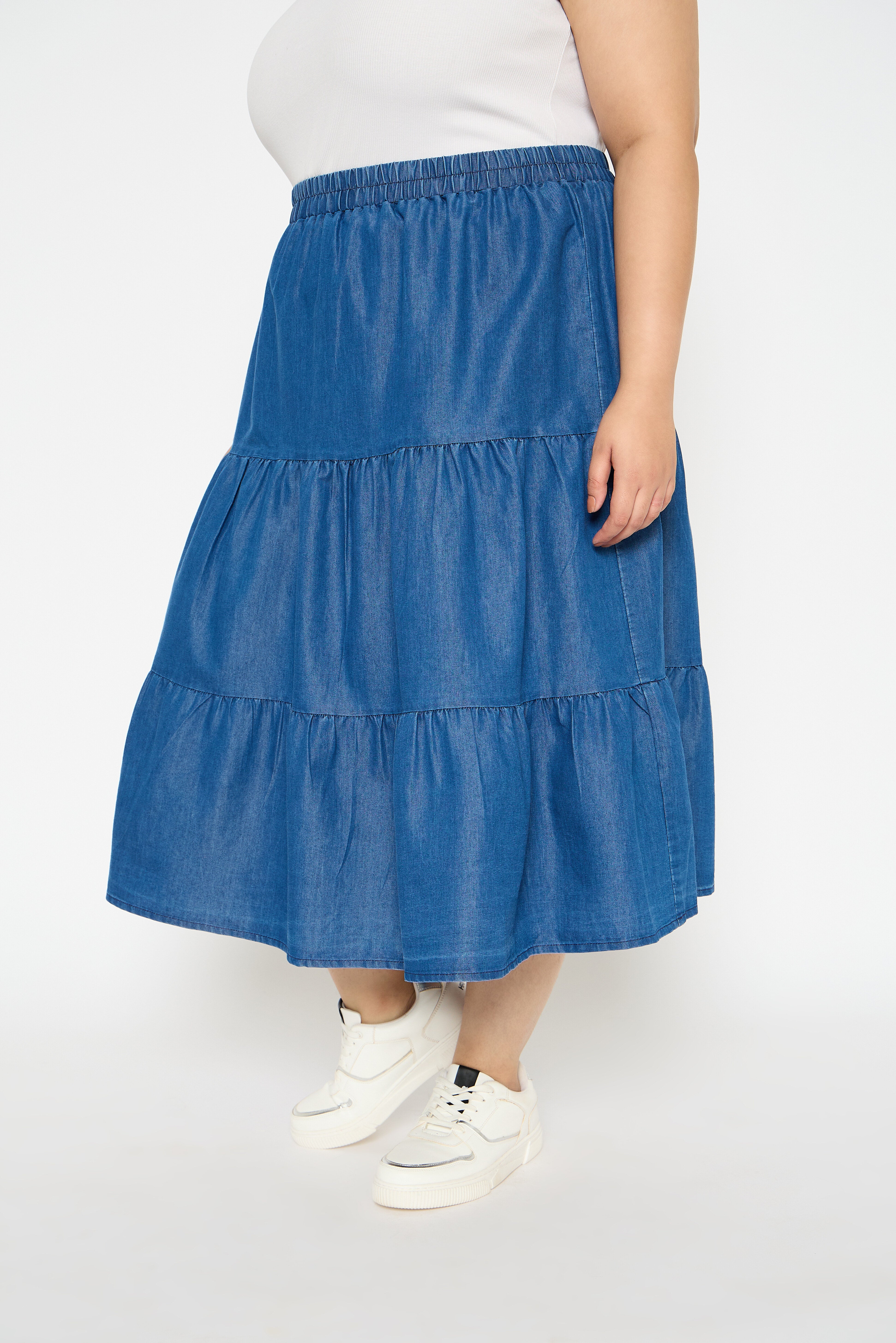 Blue Denim Midi Skirt Elastic Waist Plus Size Skirts for Women