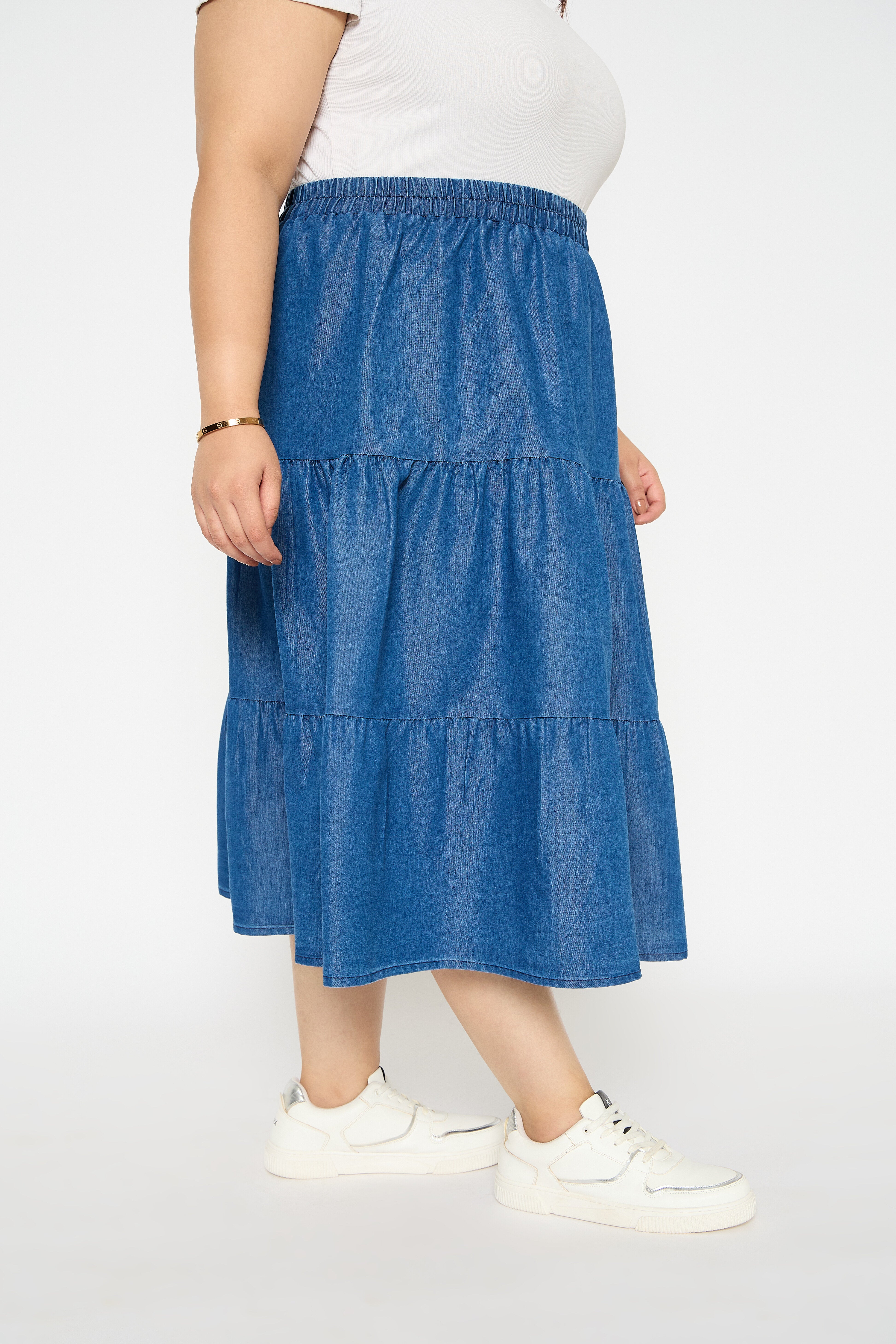 Blue Denim Midi Skirt Elastic Waist Plus Size Skirts for Women