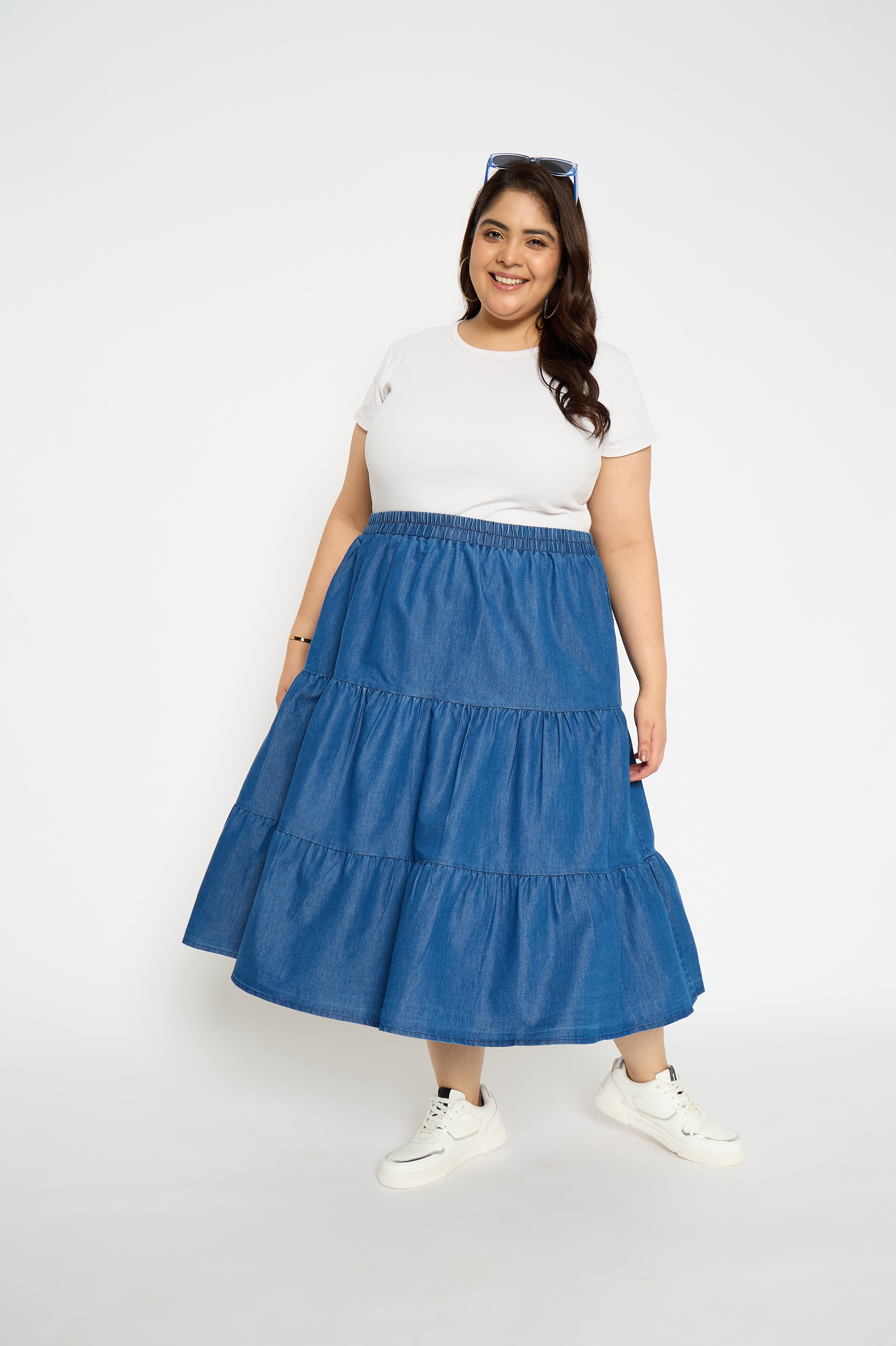 Blue Denim Midi Skirt Elastic Waist Plus Size Skirts for Women