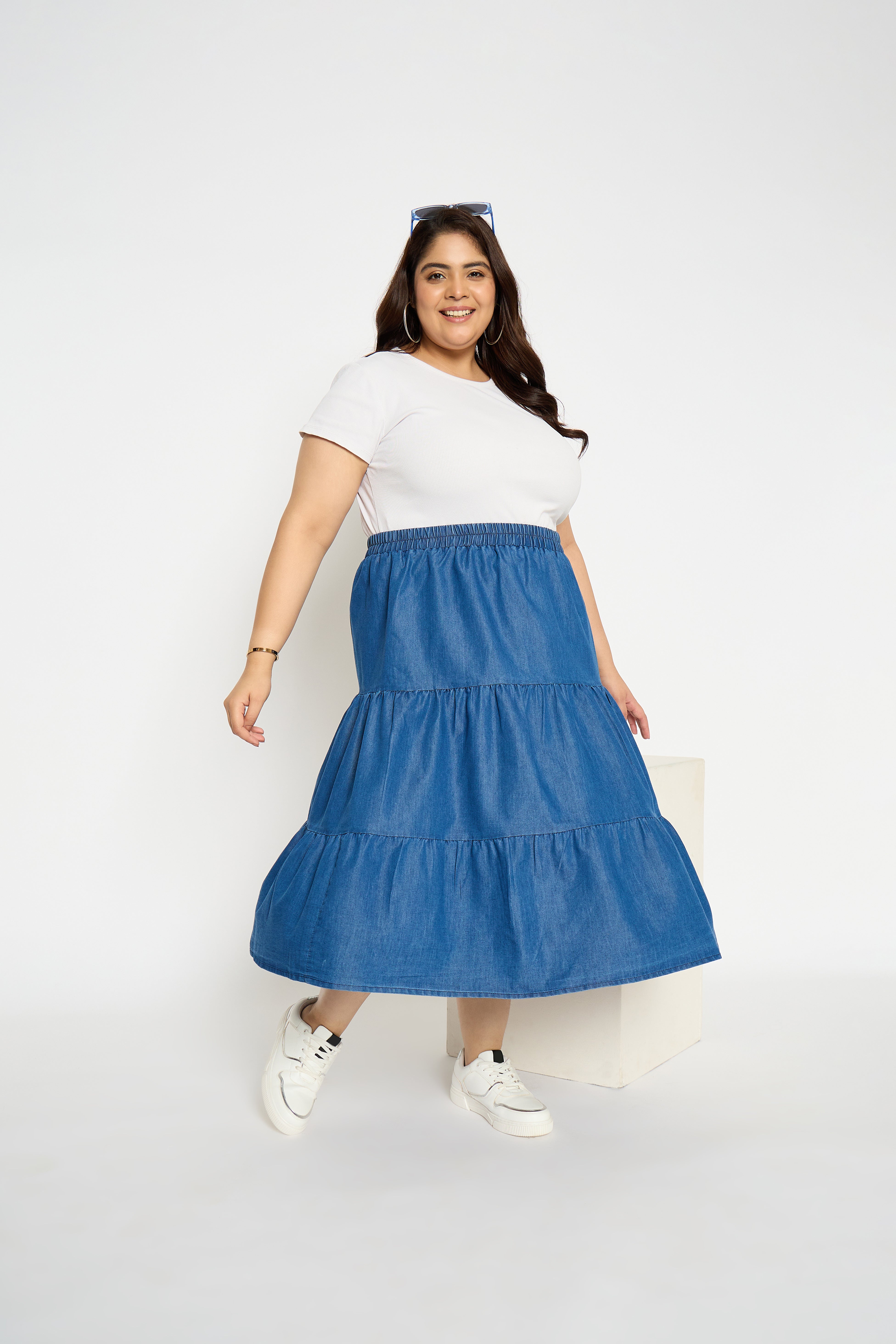 Blue Denim Midi Skirt Elastic Waist Plus Size Skirts for Women