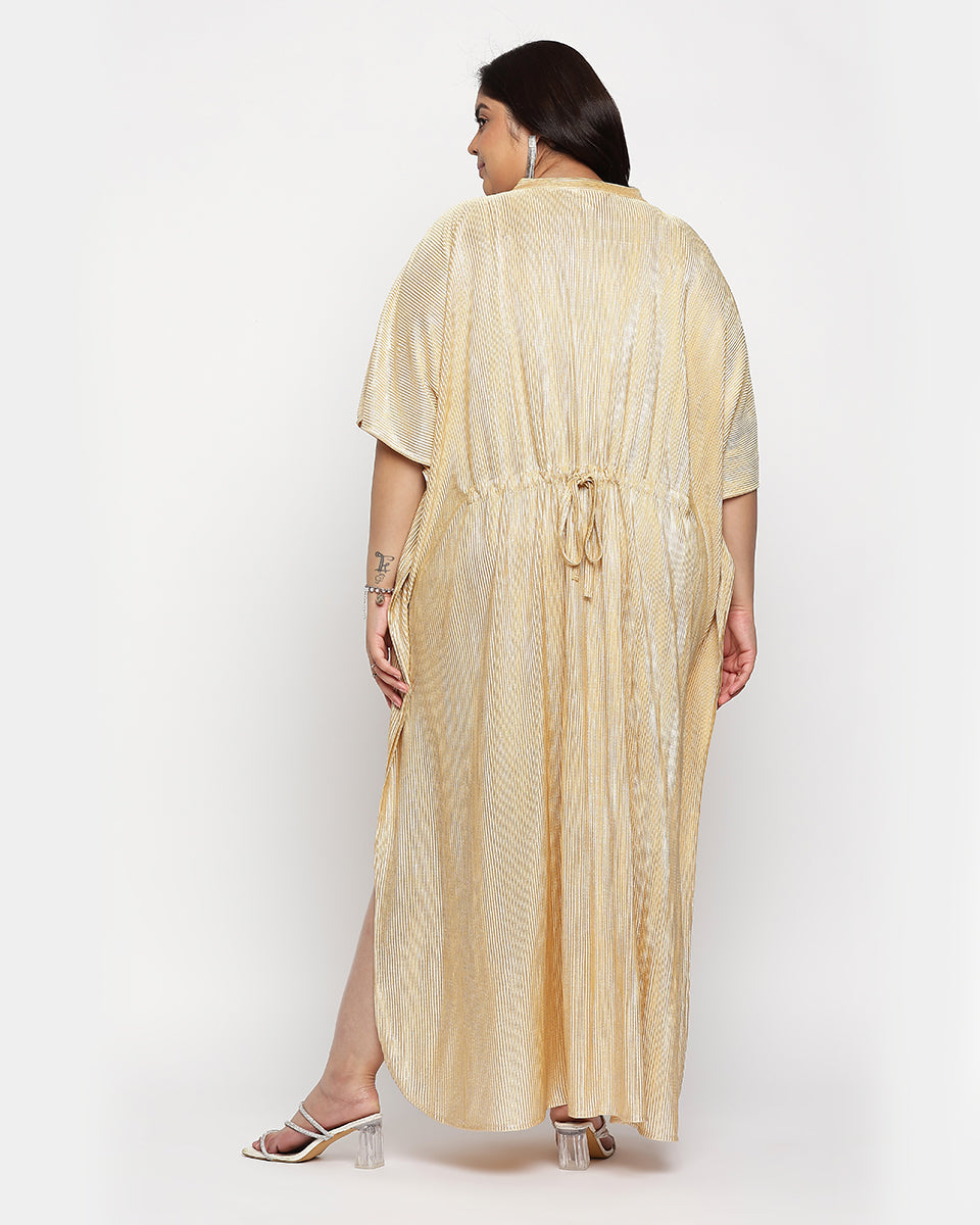 Golden Striped Poly Knit Plus Size Button Kaftan For Women